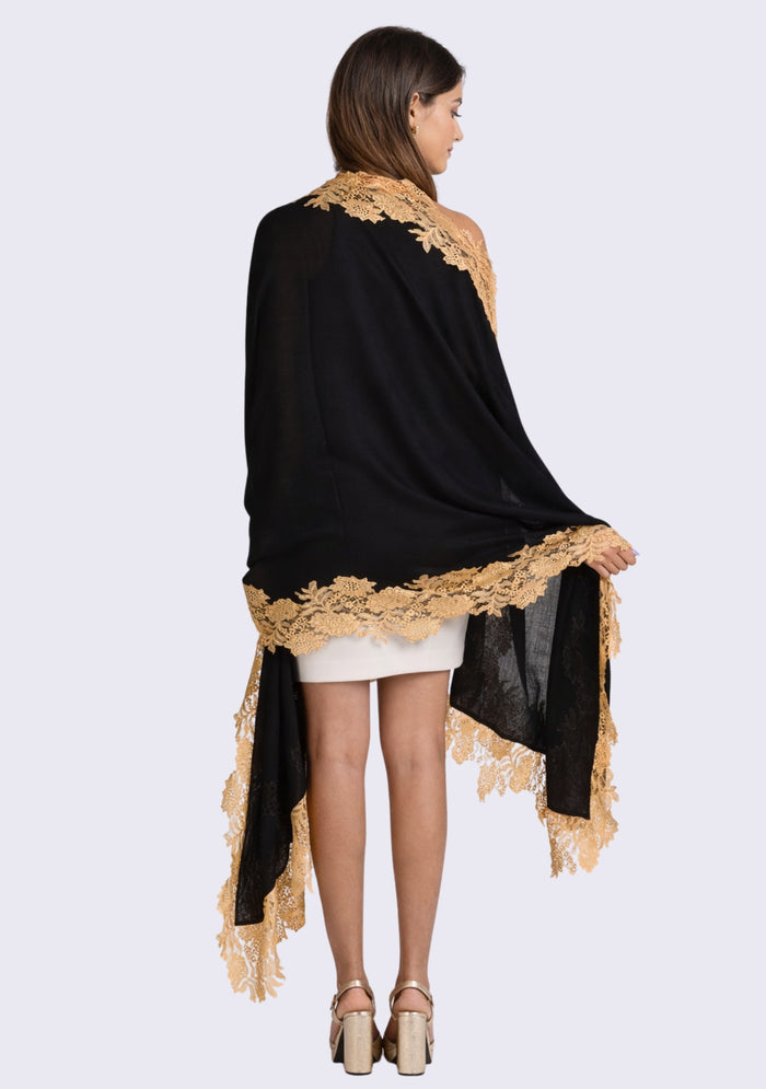 Black Wool & Silk Scarf Dk. Gold Lace