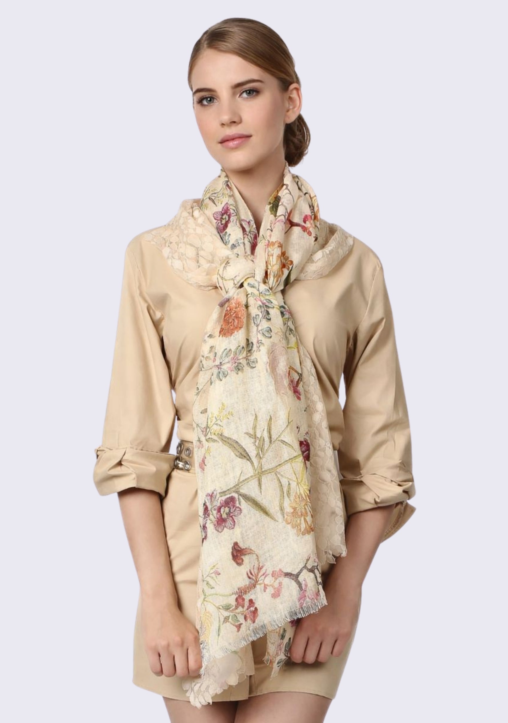 Linen Print Scarf Beige Lace