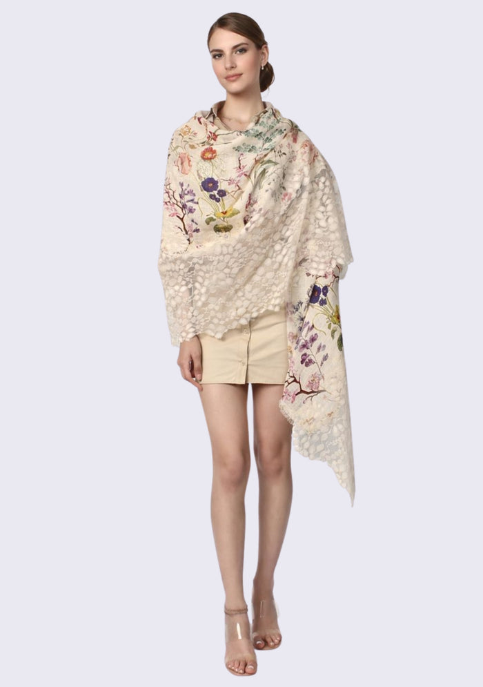 Linen Print Scarf Beige Lace