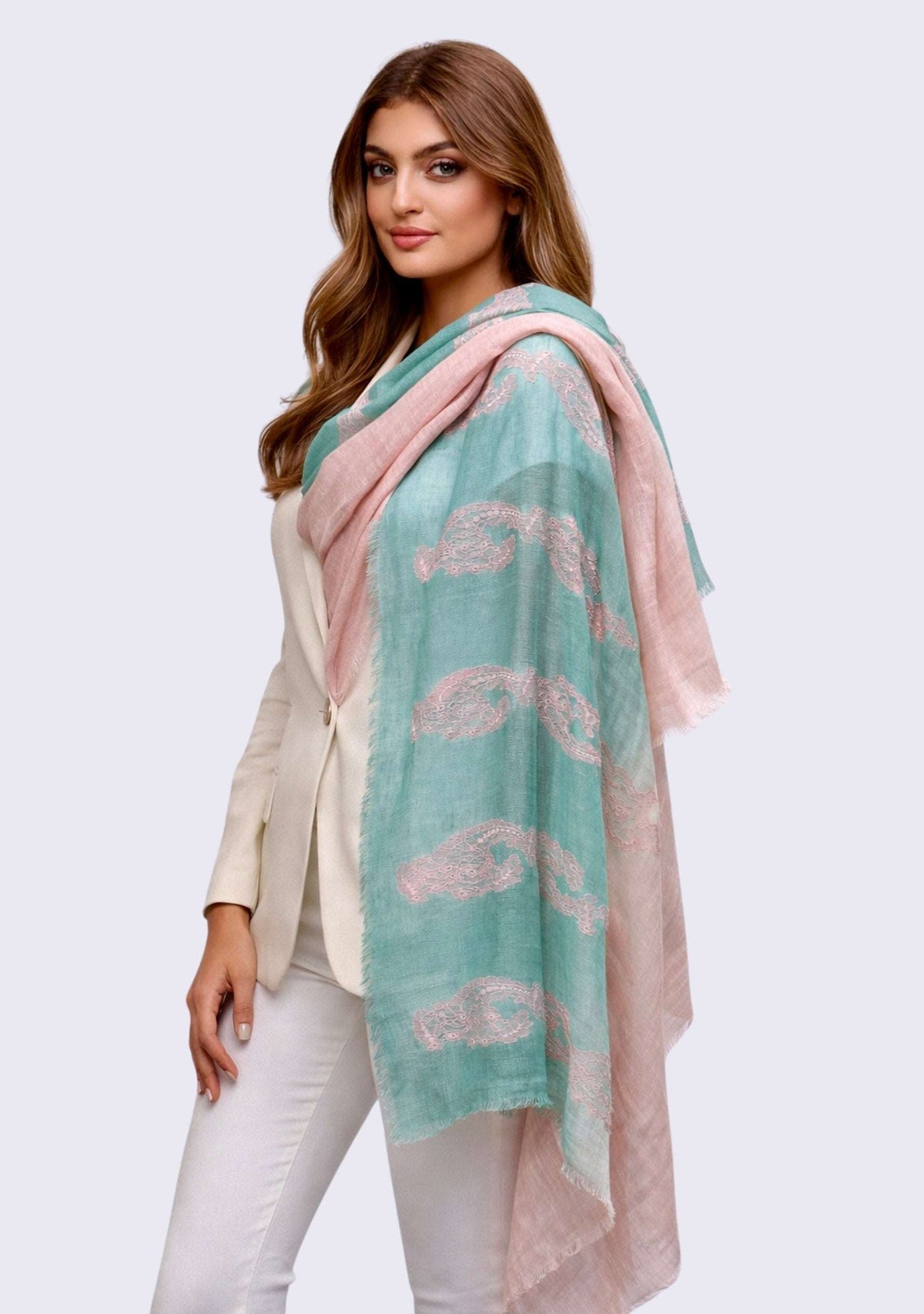 Lt. Sage Green & Peanut Ombre Linen Scarf Peanut Lace