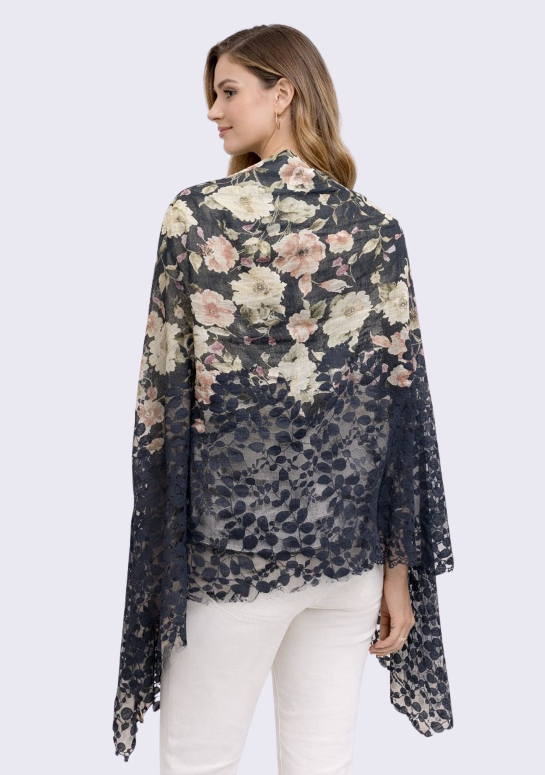 Linen Print Scarf Dk. Gray Lace