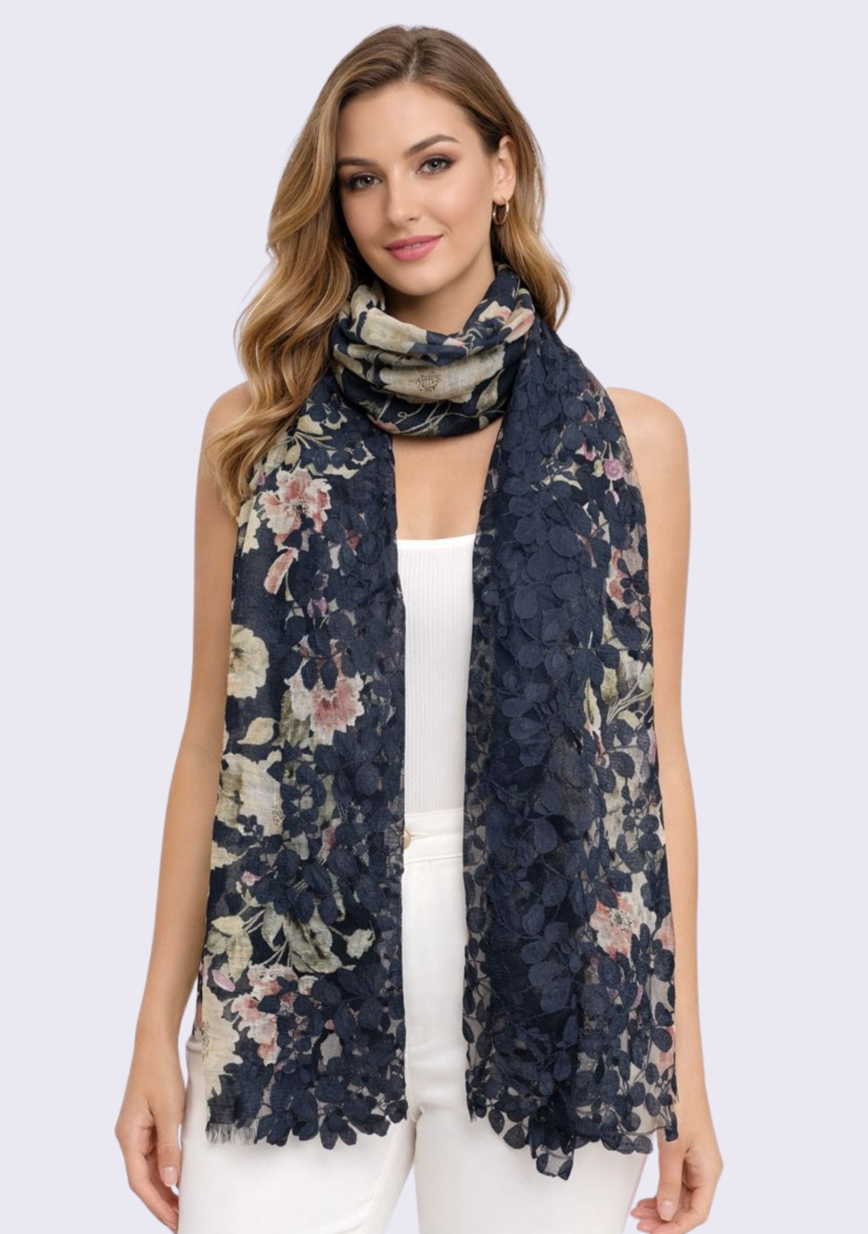 Linen Print Scarf Dk. Gray Lace