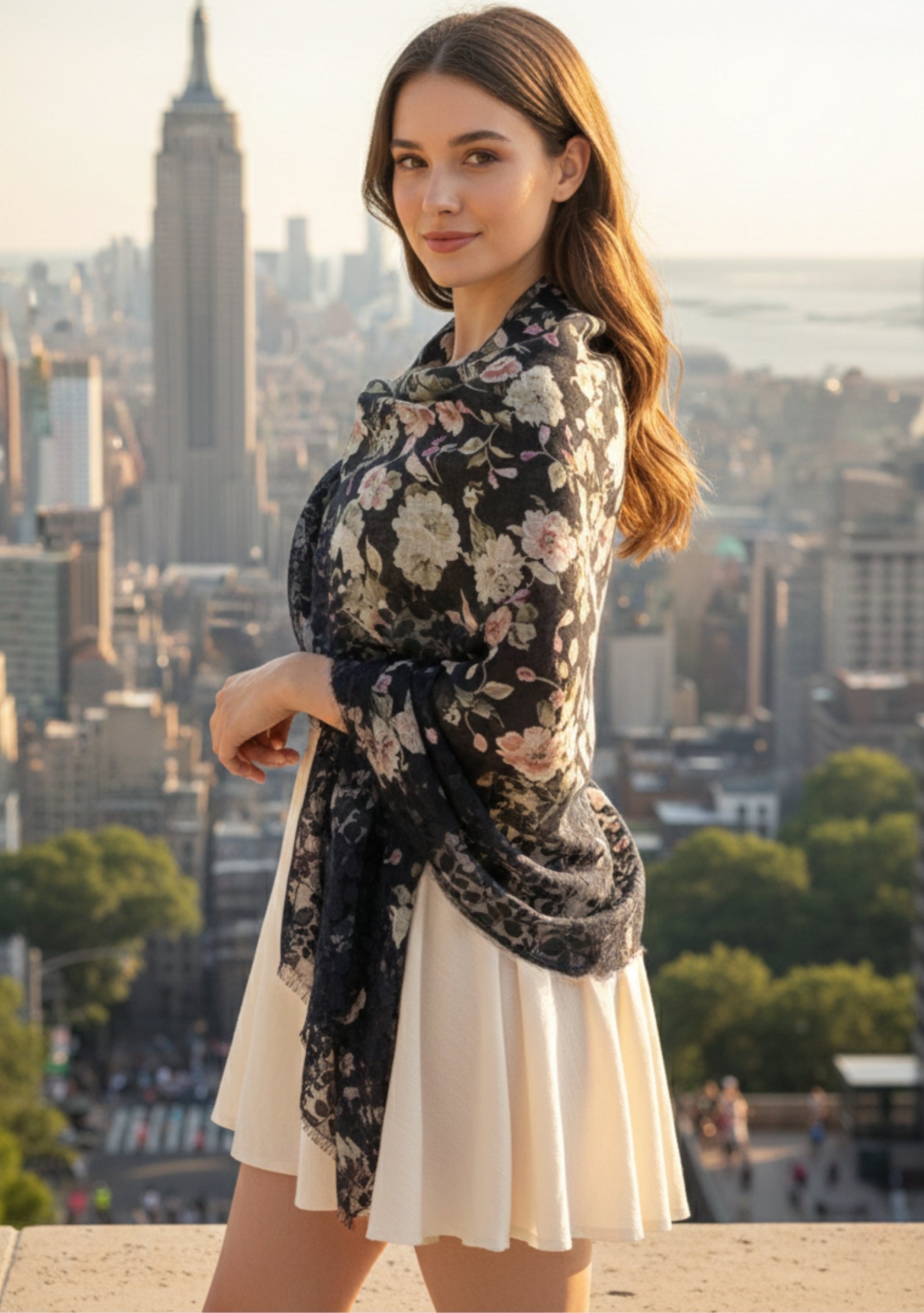 Linen Print Scarf Dk. Gray Lace