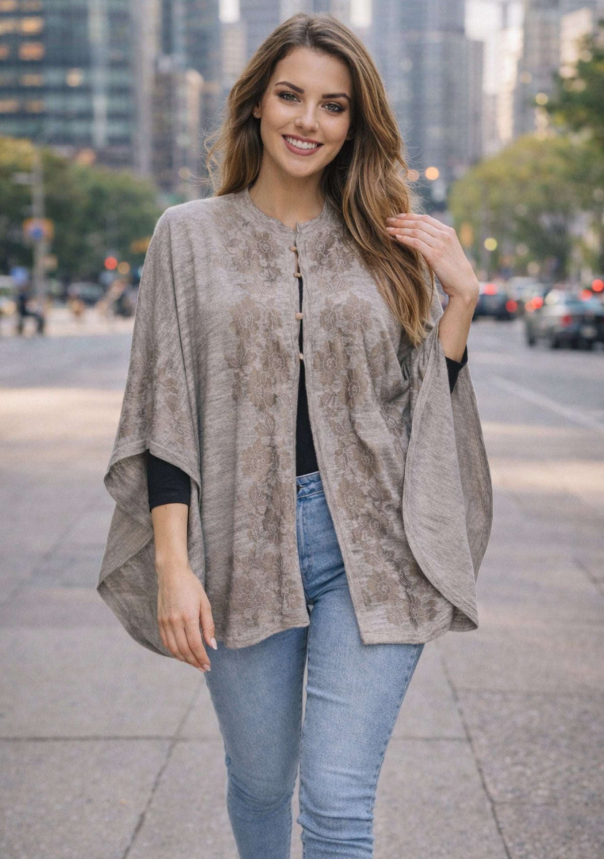 Taupe Melange Wool Collared Cape 
Dk. Taupe Lace