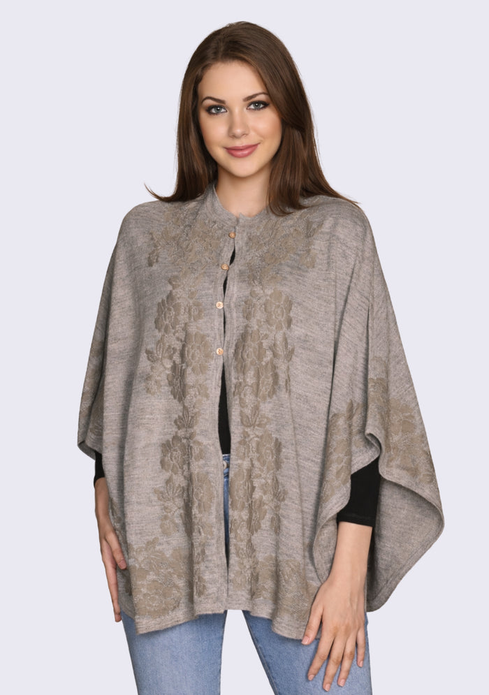 Taupe Melange Wool Collared Cape 
Dk. Taupe Lace