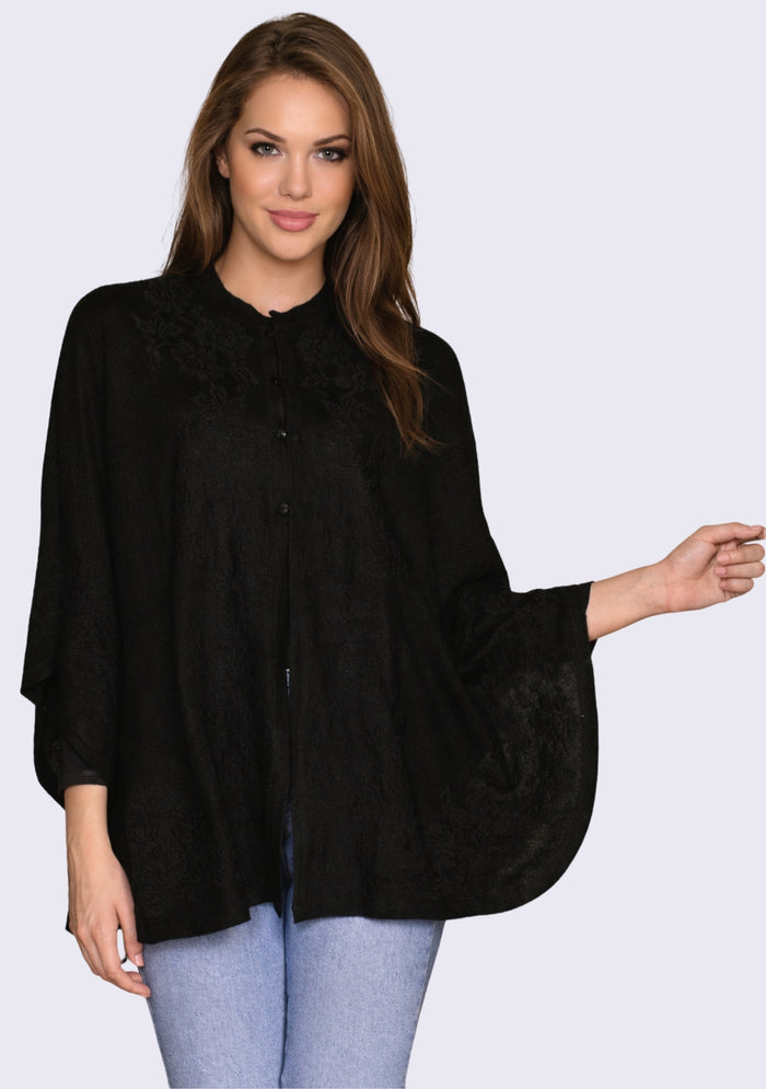 Black Wool Collared Cape 
Black Lace