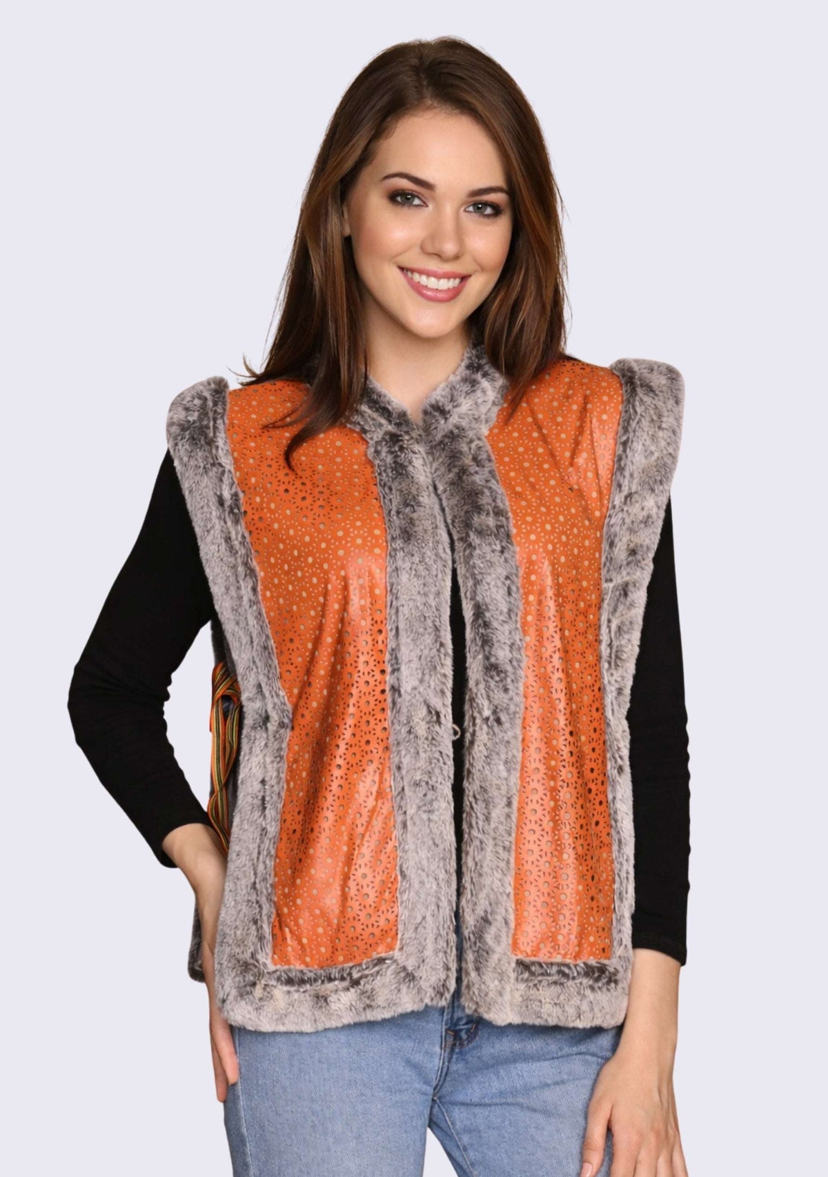 Orange Faux Leather & Taupe Melange Wool Sleeveless Jacket Taupe Faux Fur