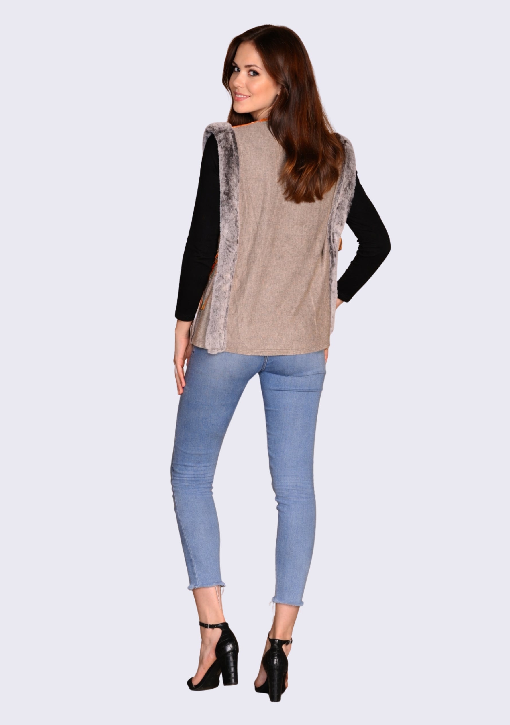 Orange Faux Leather & Taupe Melange Wool Sleeveless Jacket Taupe Faux Fur