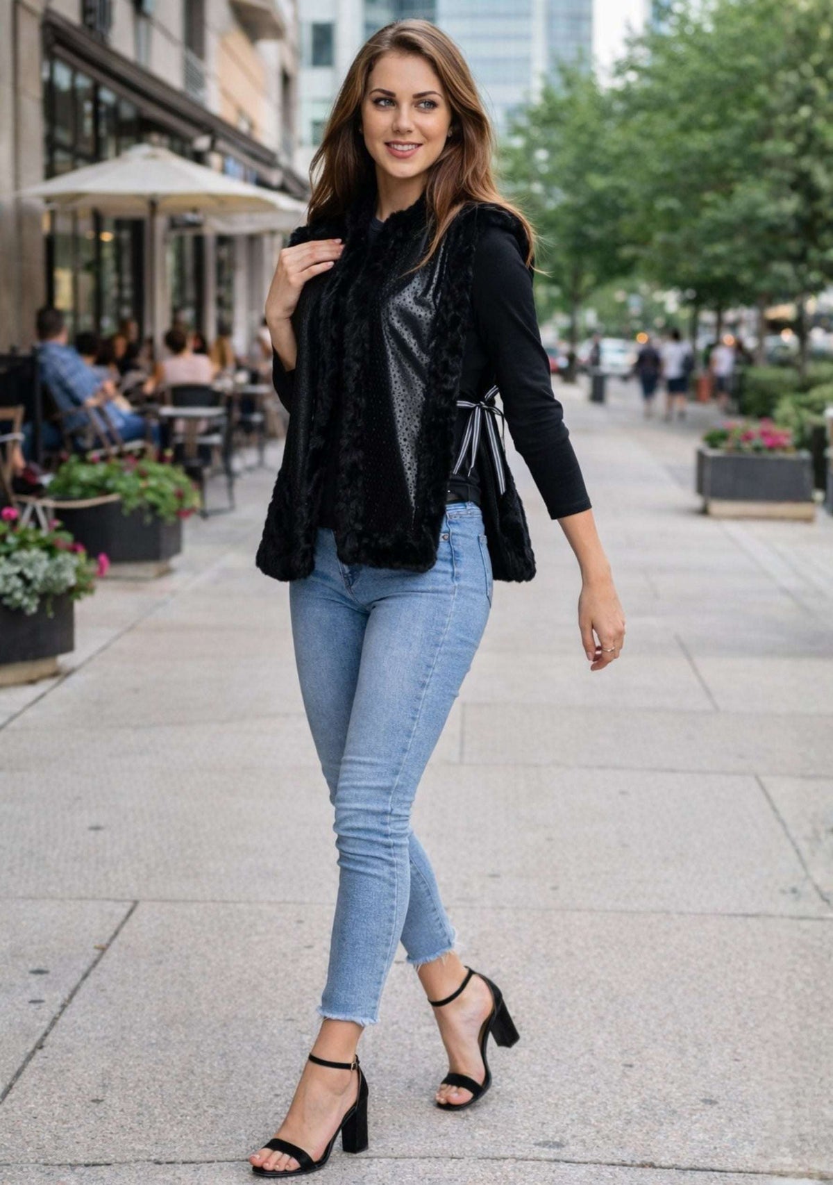 Black Faux Leather & Charcoal Melange Wool Sleeveless Jacket 
Black Faux Fur