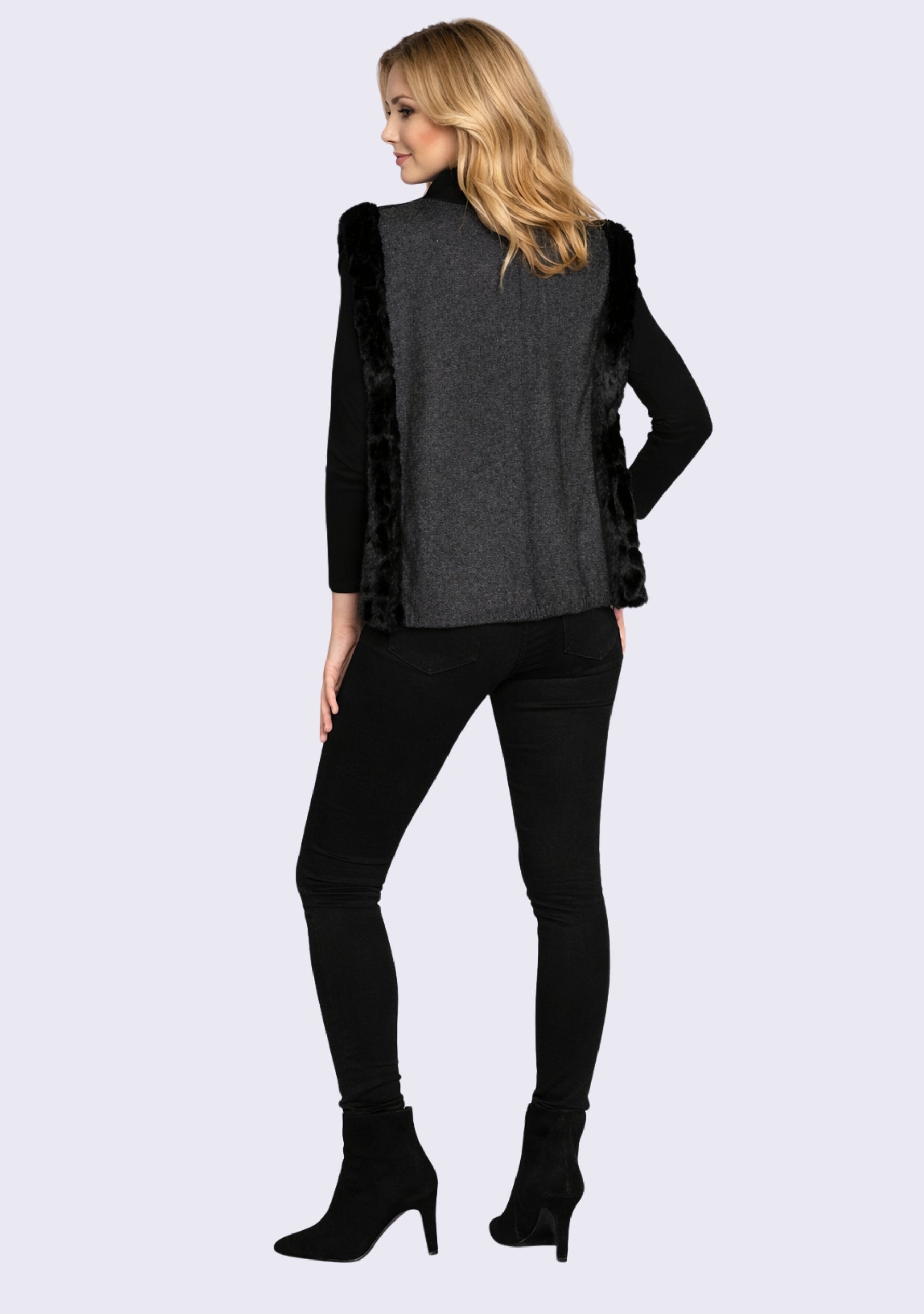 Black Faux Leather & Charcoal Melange Wool Sleeveless Jacket 
Black Faux Fur