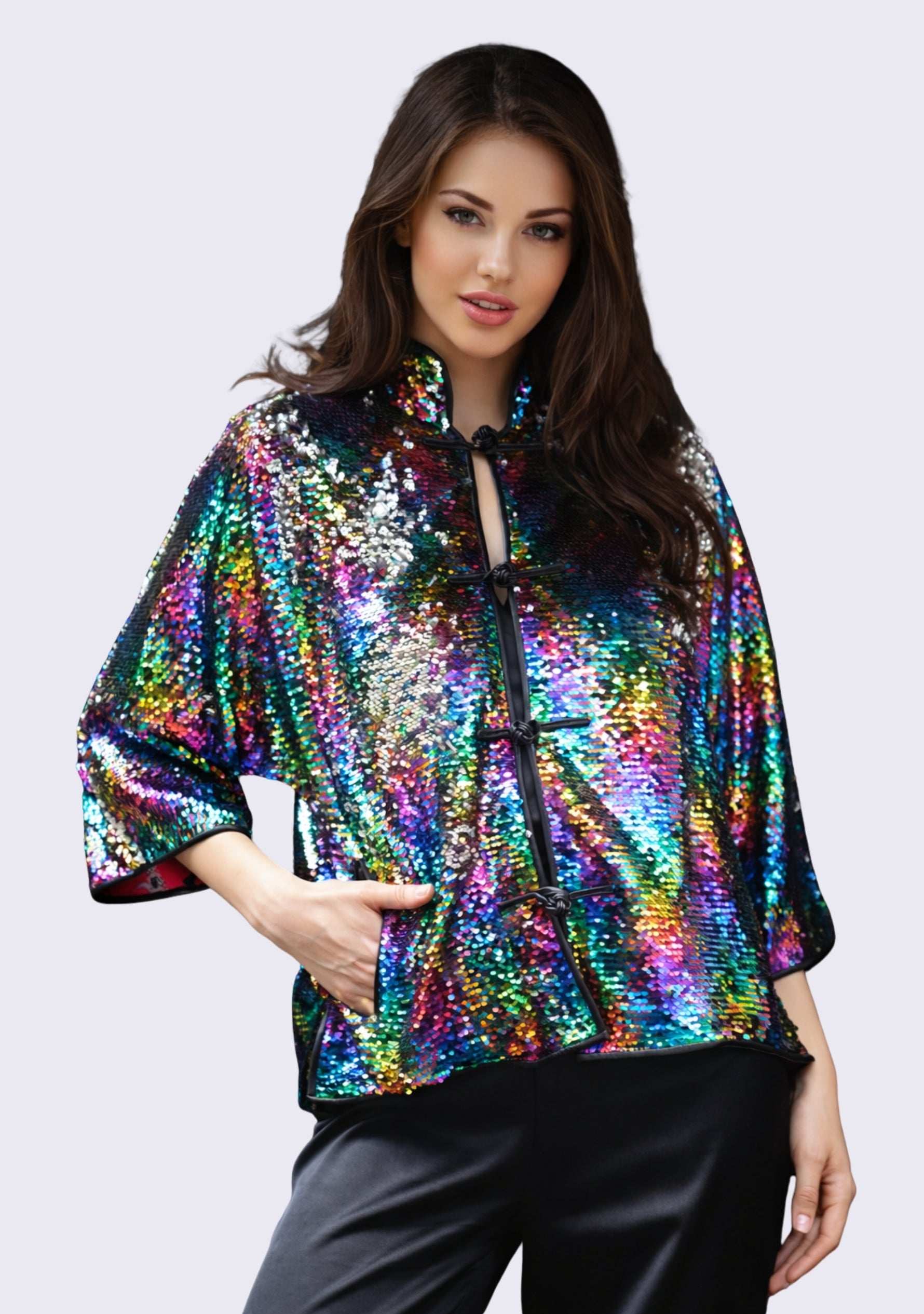 Multi-Colored Jacket 
Black Faux Leather Trims