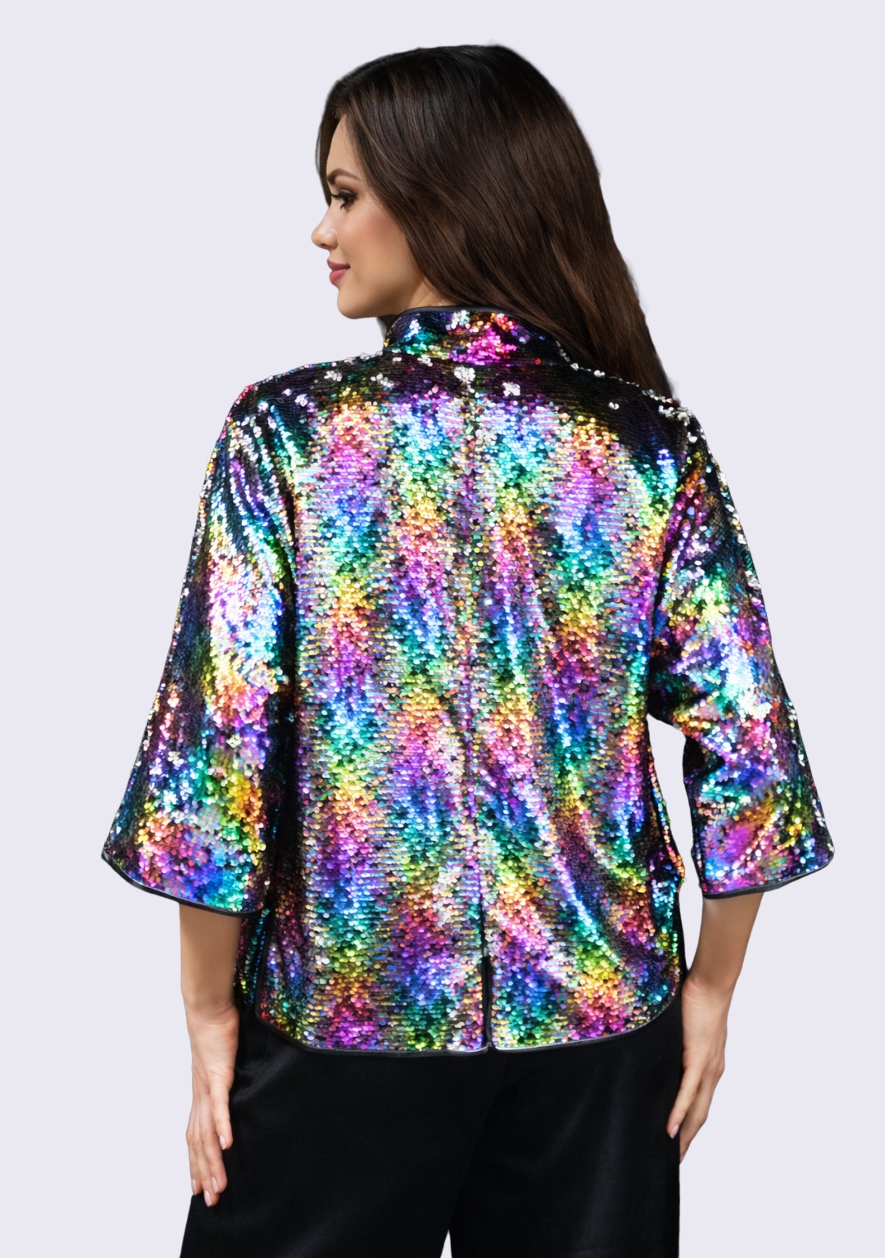 Multi-Colored Jacket 
Black Faux Leather Trims