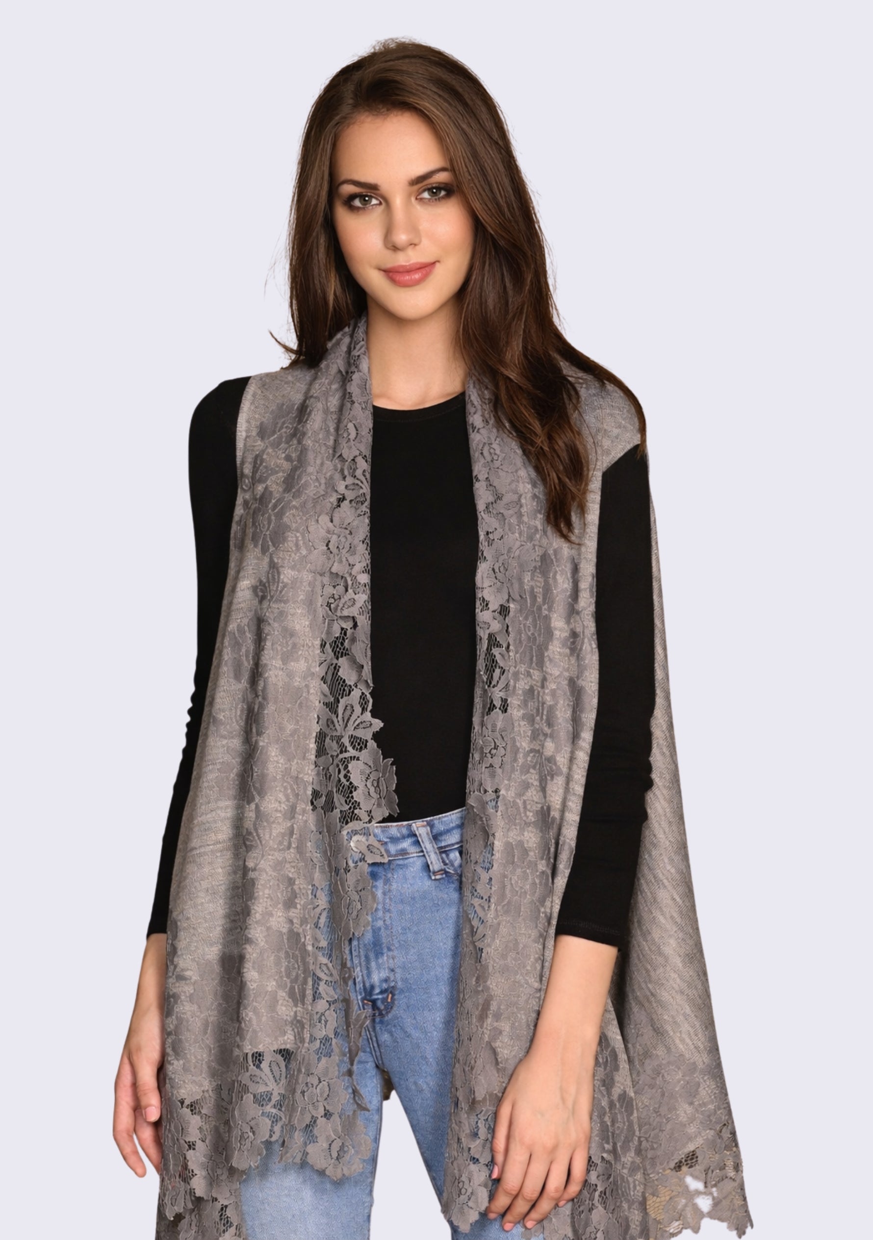 Taupe Melange Wool Sleeveless Jacket Mousse Lace