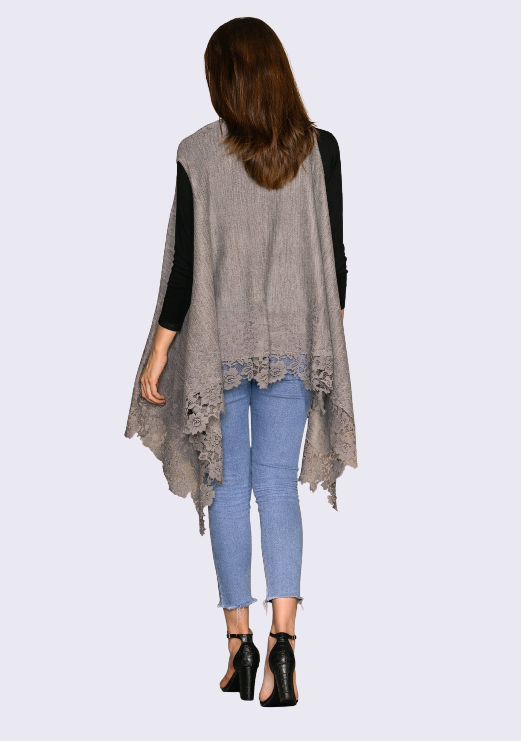 Taupe Melange Wool Sleeveless Jacket Mousse Lace