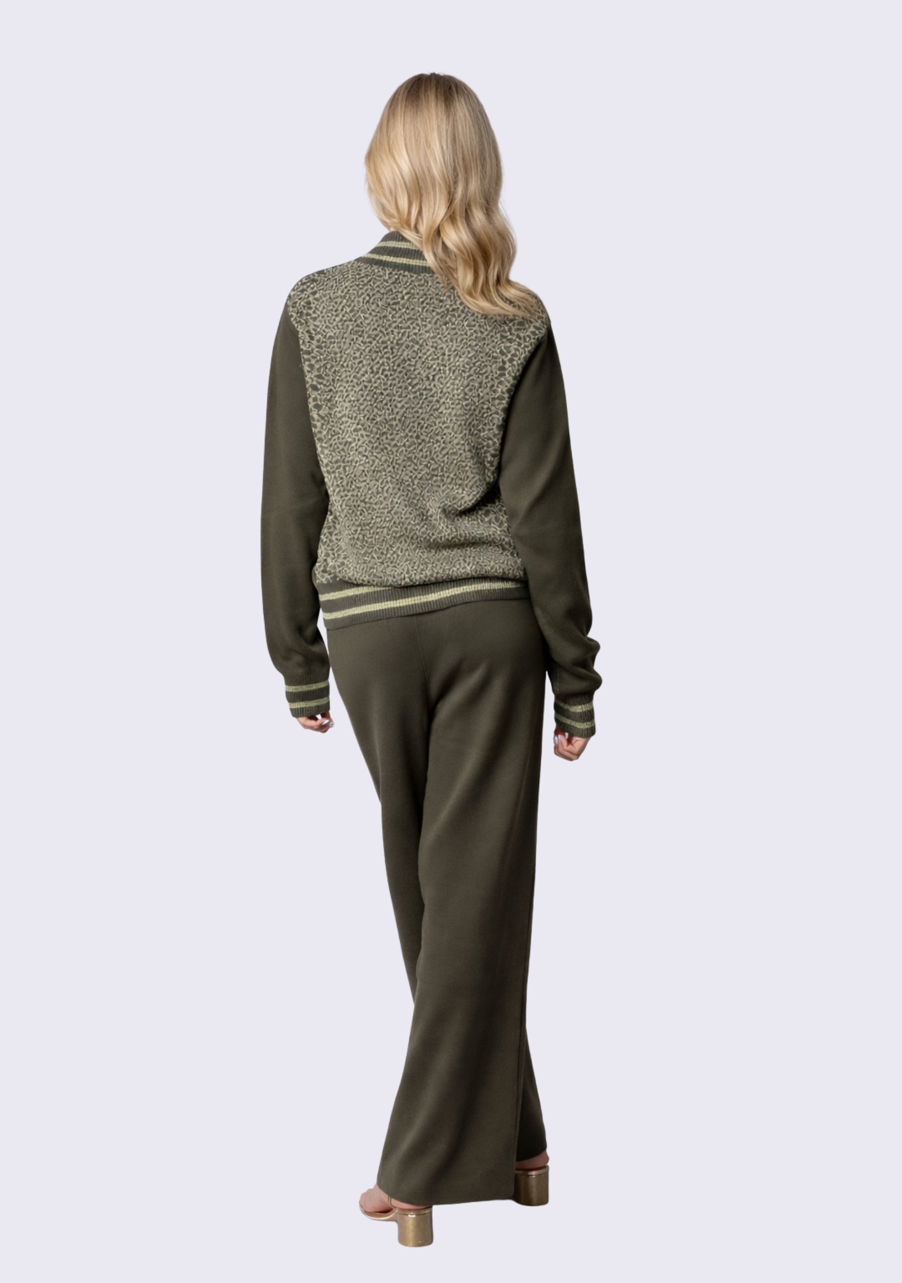 Dk. Olive & Frappe Leopard Jacquard Jacket and Dk. Olive Pant Lounge Set