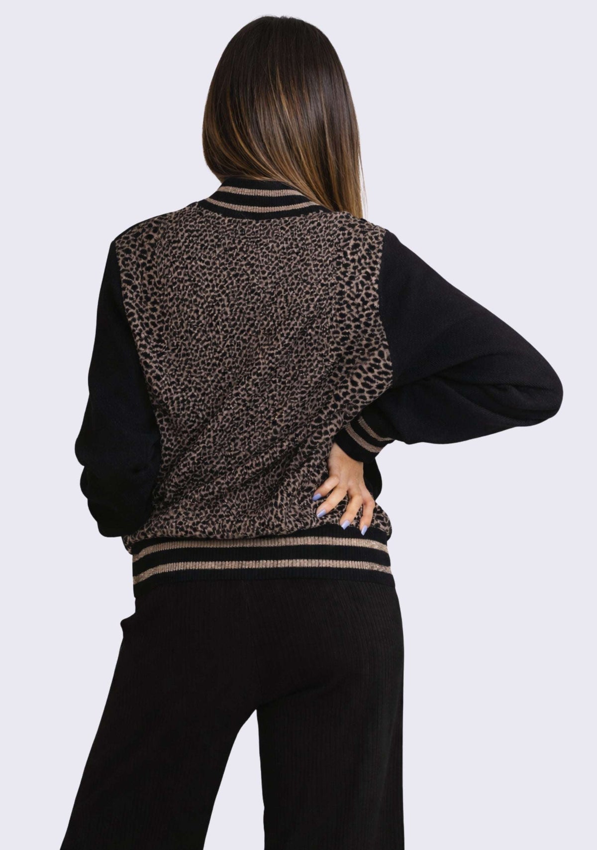 Black & Tobacco Brown Leopard Jacquard Jacket and Black Pant Lounge Set