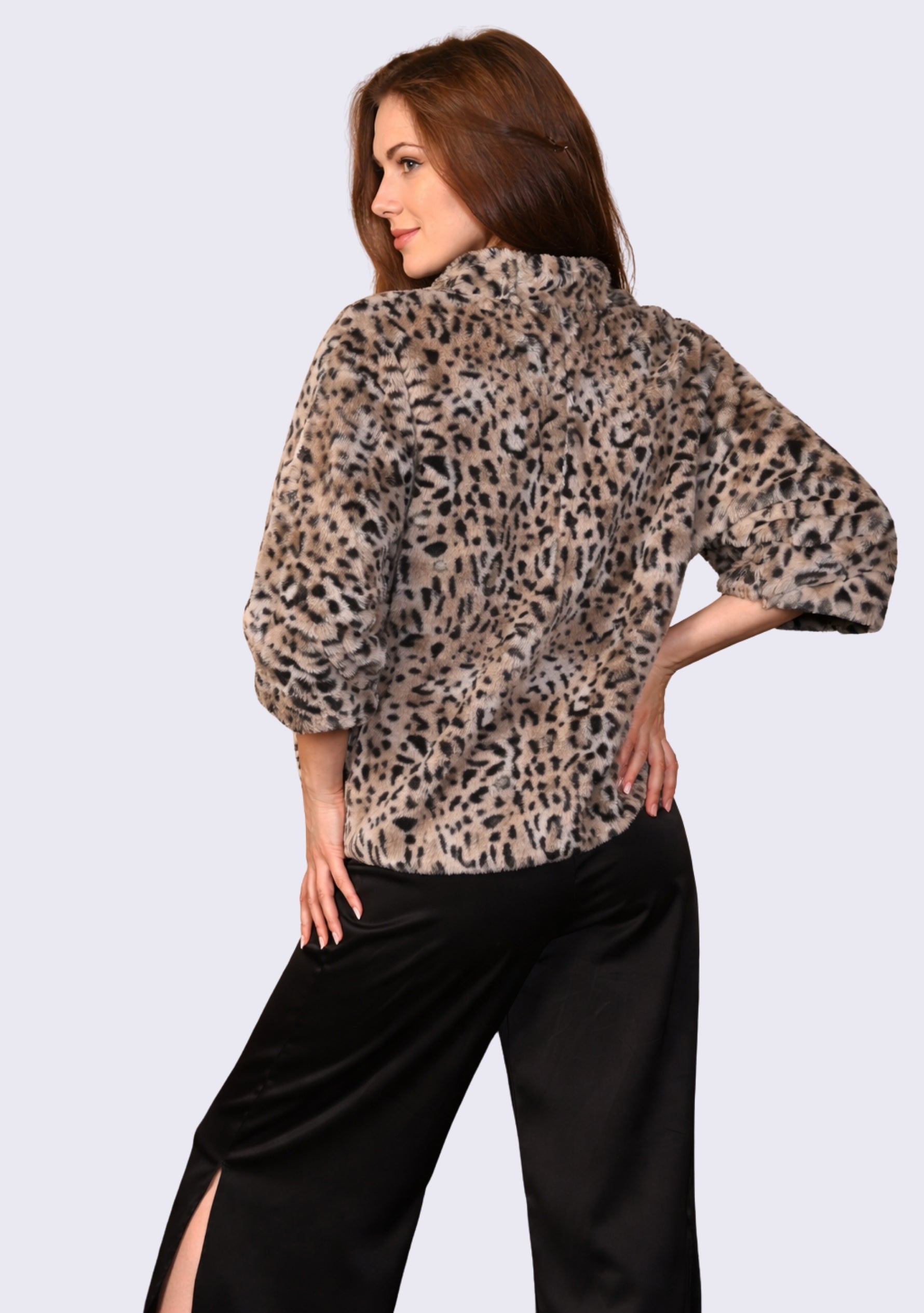 White Leopard Faux Fur Jacket 
Black Faux Leather Trims