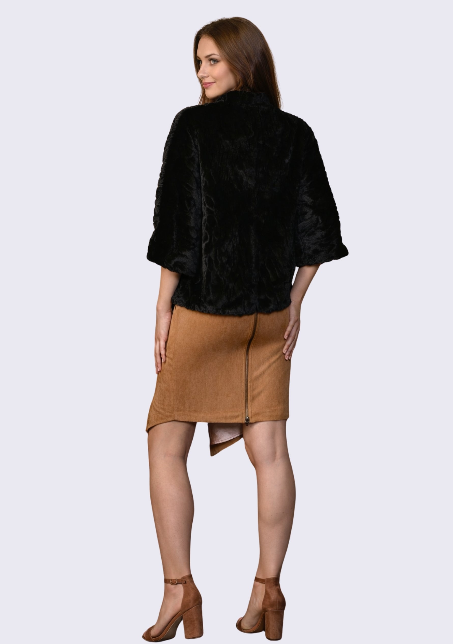 Black Faux Fur Jacket 
Black Faux Leather Trims