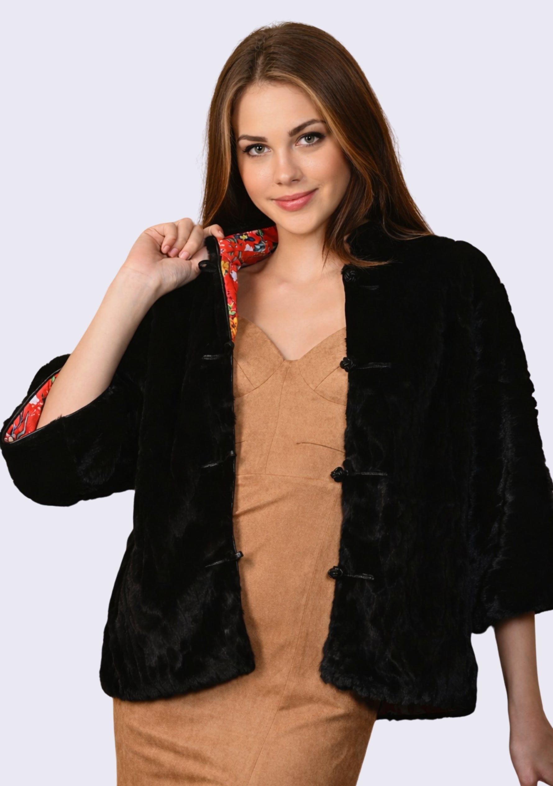 Black Faux Fur Jacket 
Black Faux Leather Trims