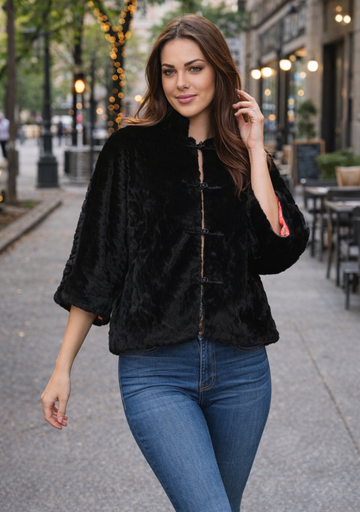 Black Faux Fur Jacket 
Black Faux Leather Trims