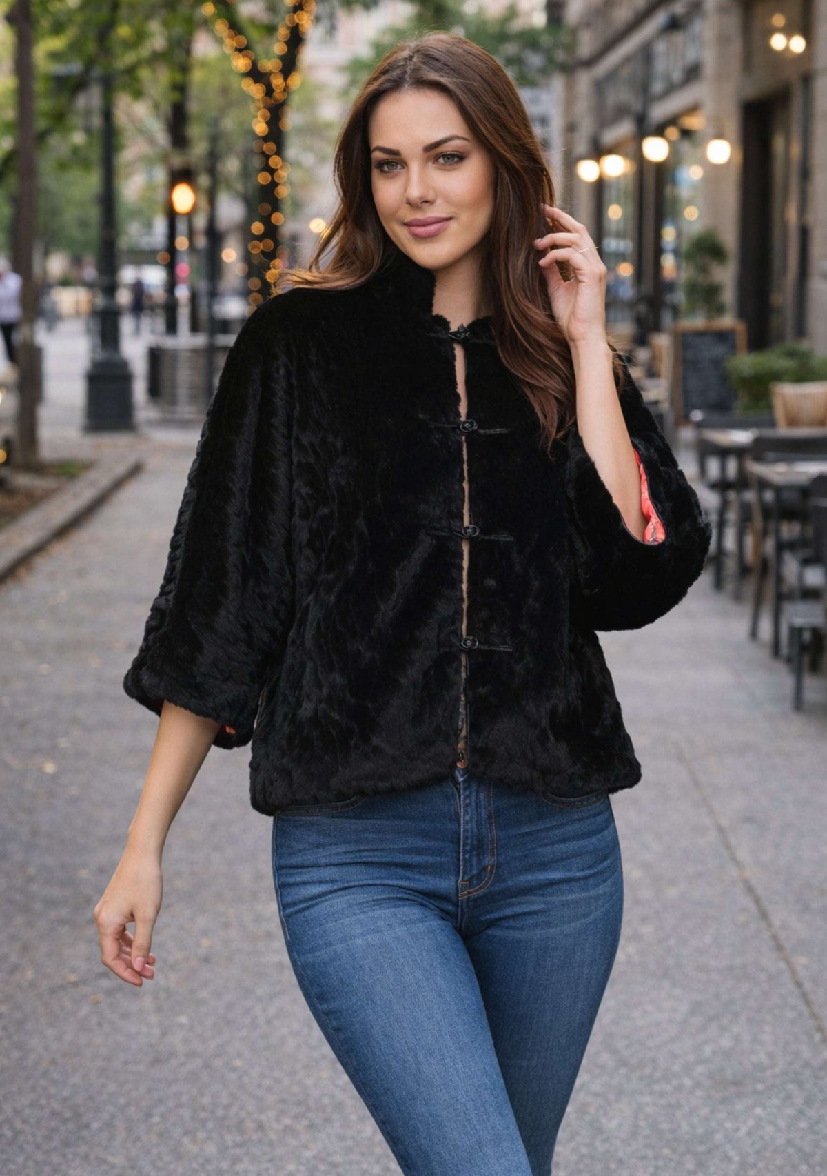 Black Faux Fur Jacket 
Black Faux Leather Trims