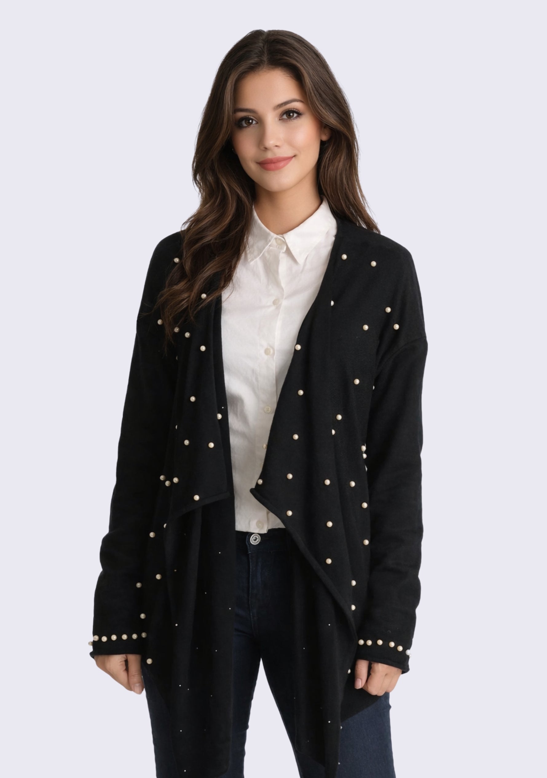 Black Merino Wool Wrap Cardigan 
Ivory Pearls