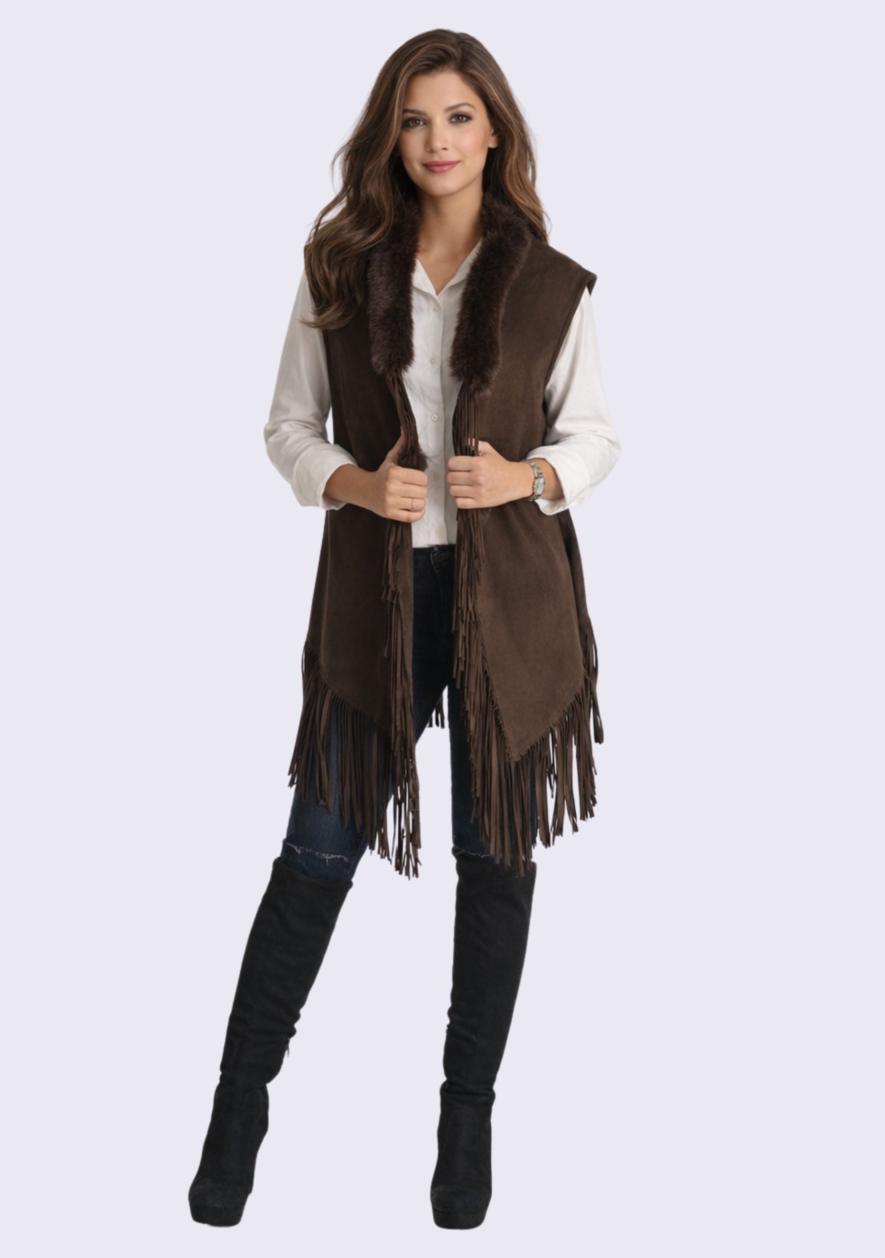 Chocolate Suede Leather Sleeveless Jacket 
Chocolate Fur & Tassels