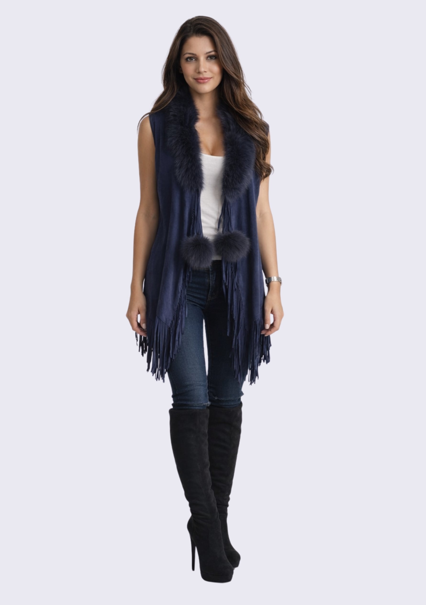 Navy Blue Suede Leather Sleeveless Jacket 
Navy Blue Fur & Tassels