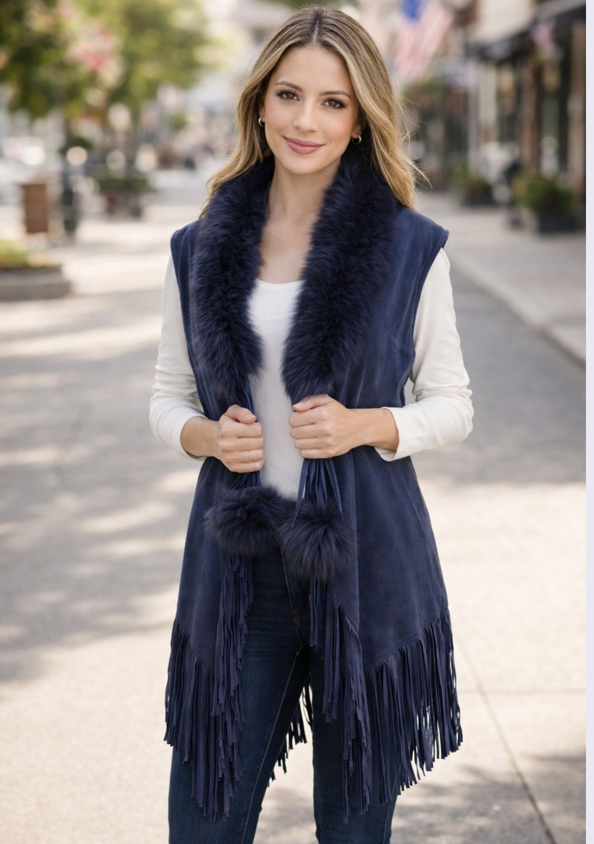 Navy Blue Suede Leather Sleeveless Jacket 
Navy Blue Fur & Tassels