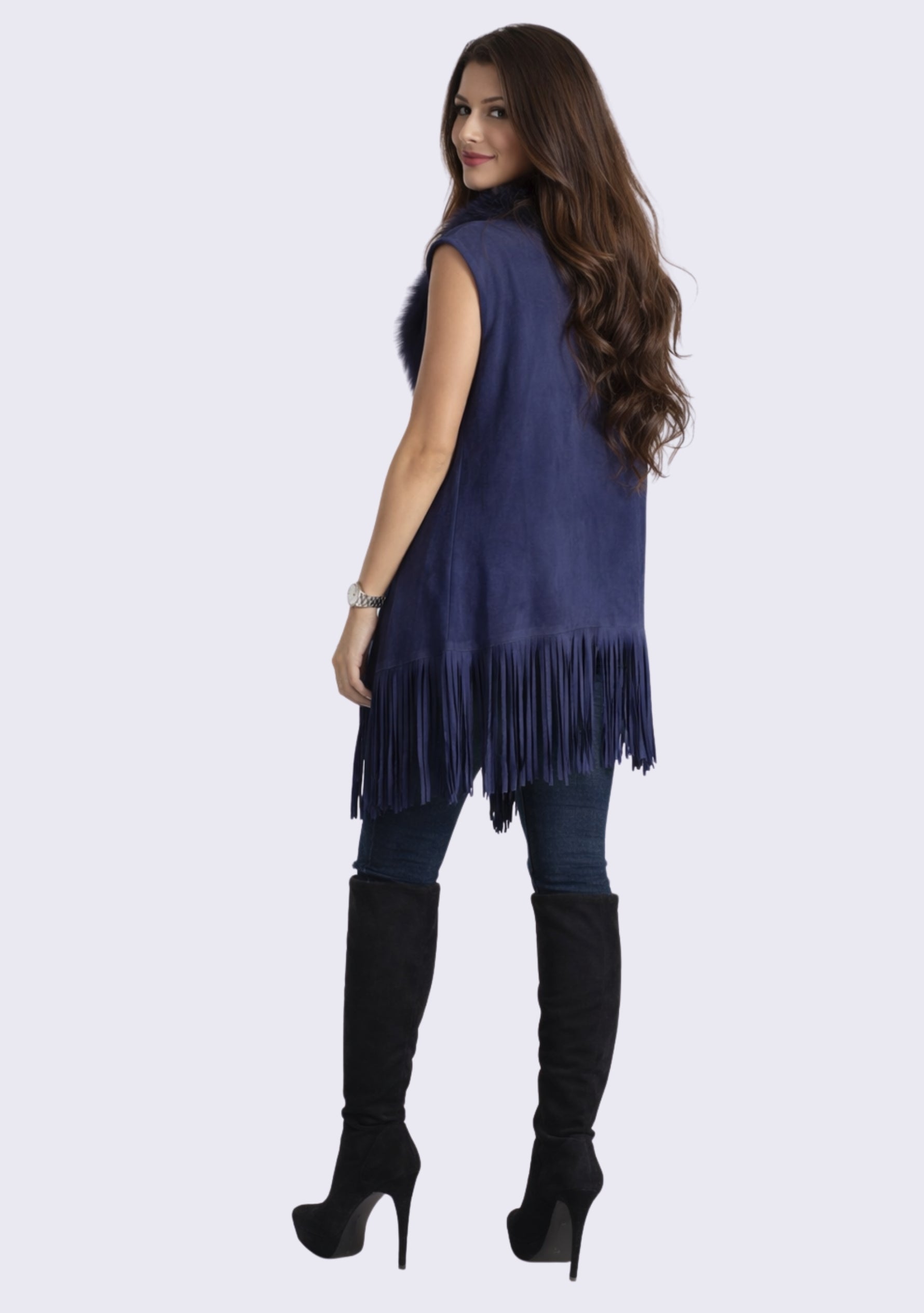 Navy Blue Suede Leather Sleeveless Jacket 
Navy Blue Fur & Tassels