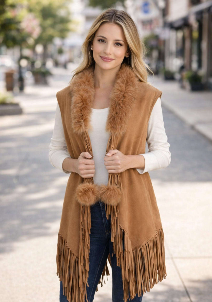 Tan Suede Leather Sleeveless Jacket 
Tan Fur & Tassels
