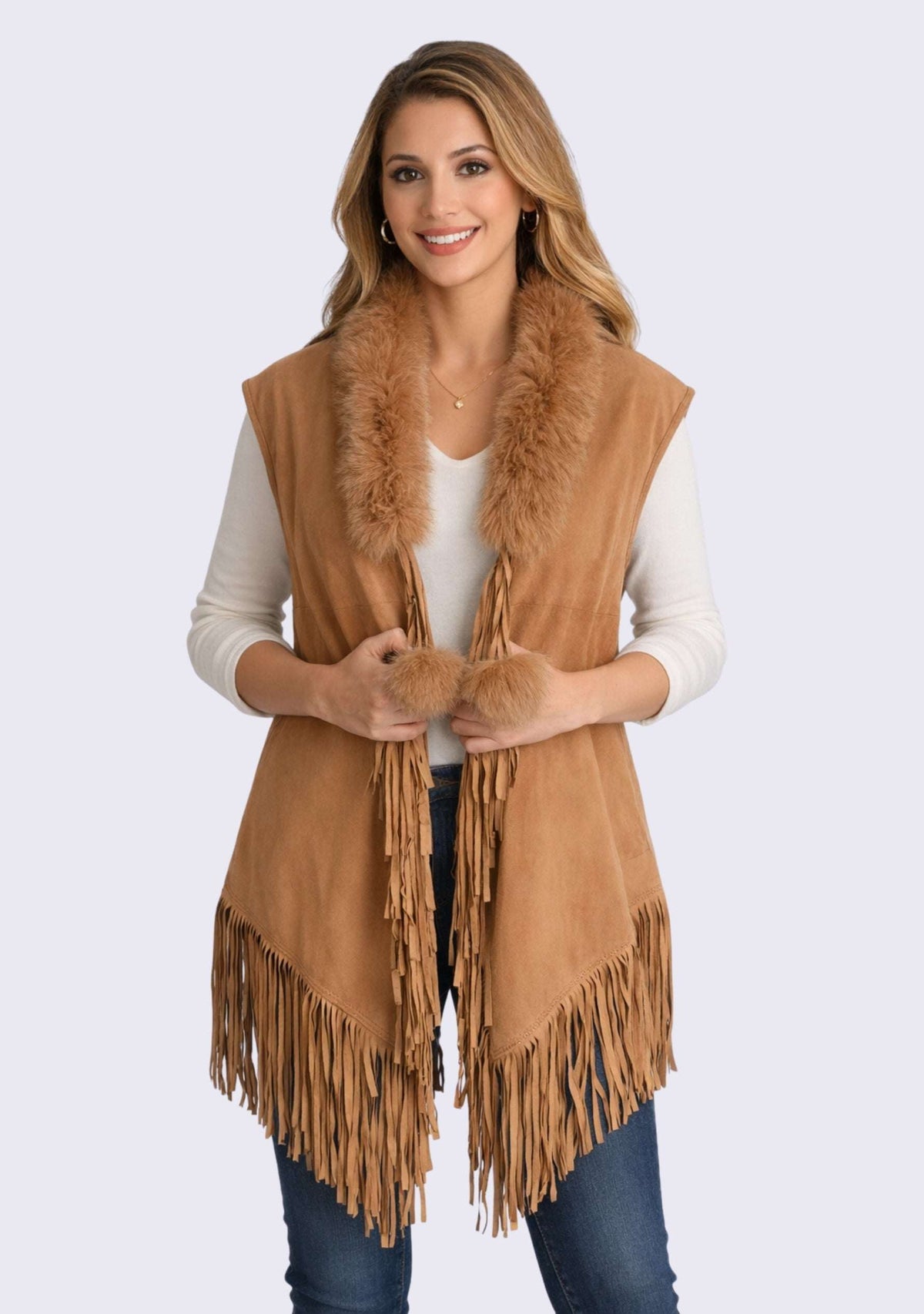 Tan Suede Leather Sleeveless Jacket 
Tan Fur & Tassels