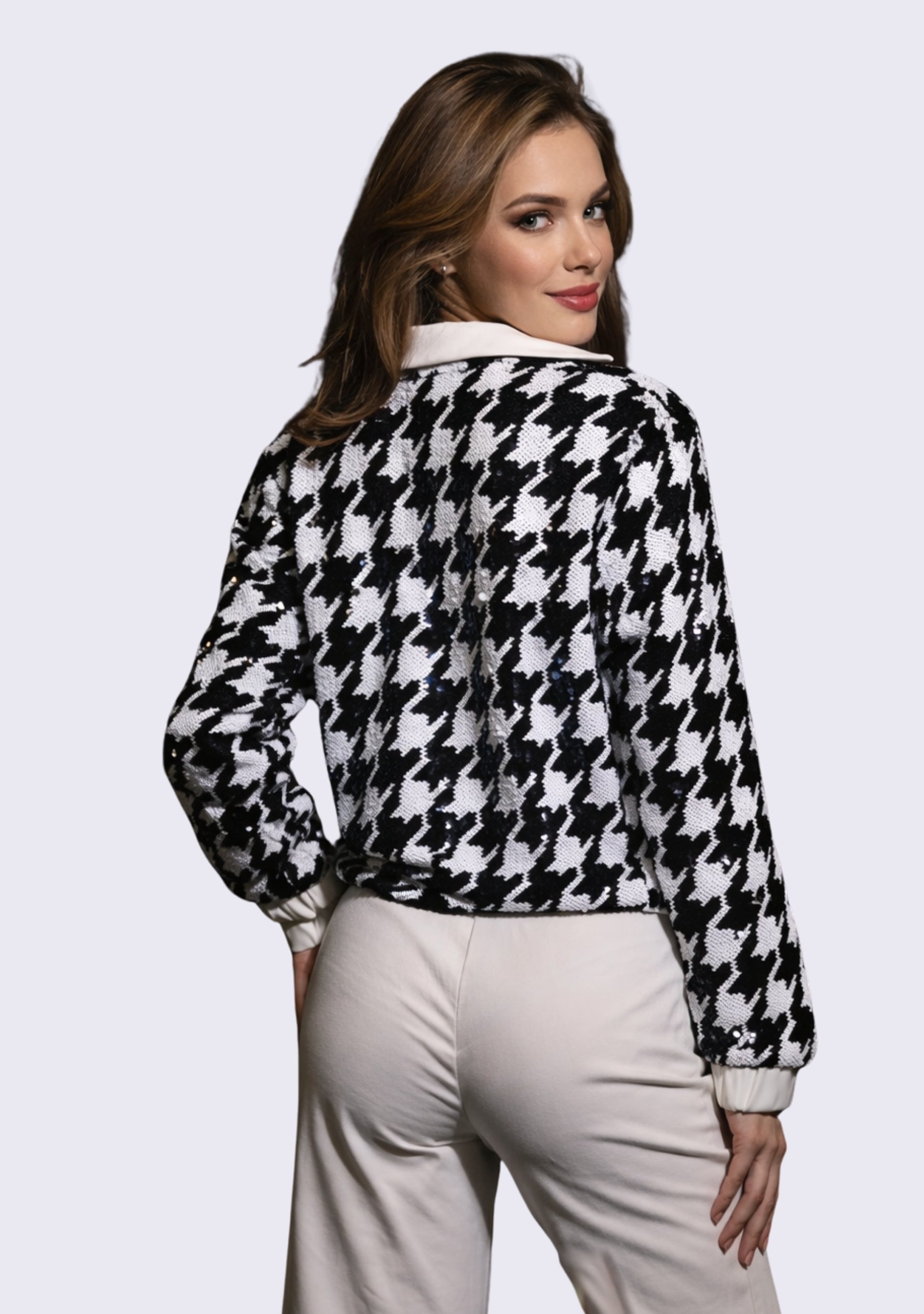 Navy & White Sequin Bomber Jacket White Faux Leather Cuff & Trims