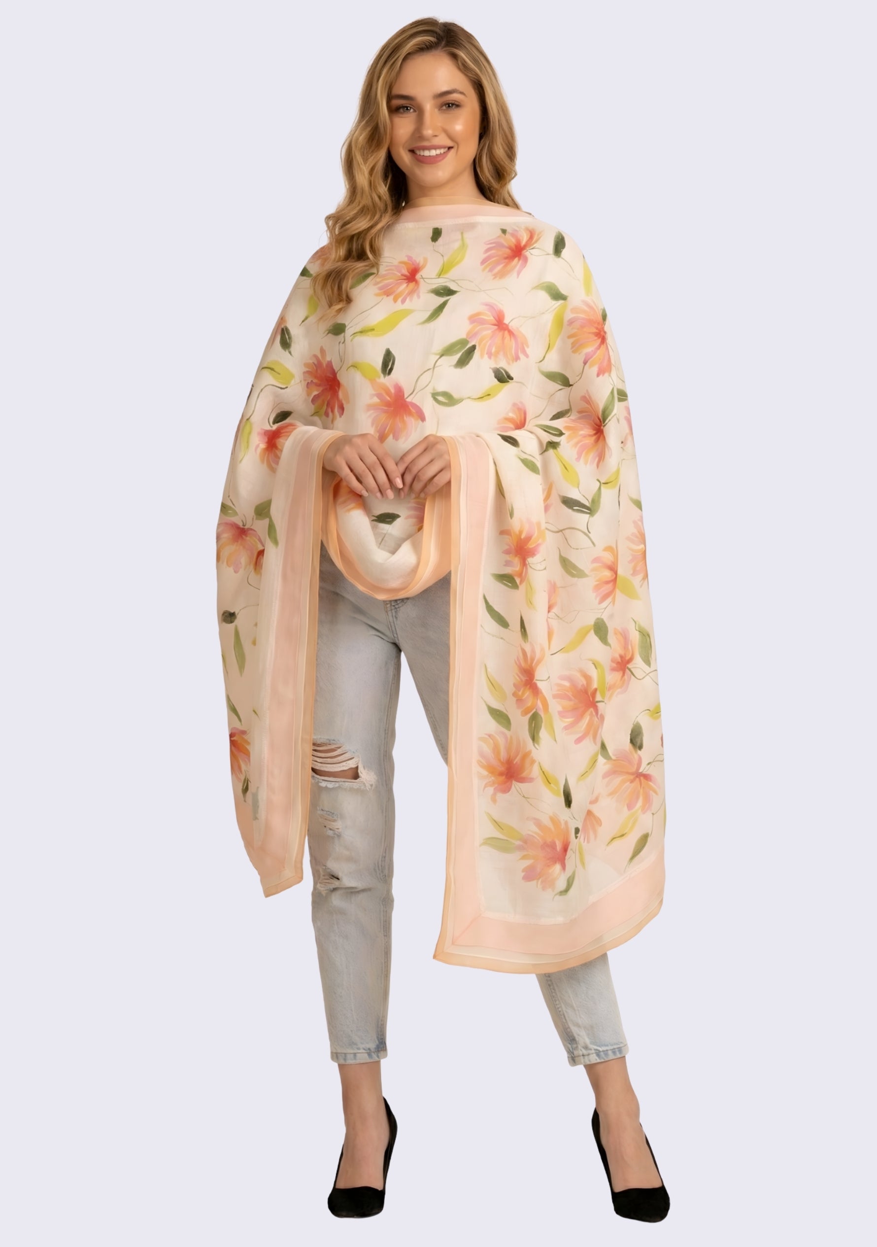 Ivory Linen & Modal Scarf Hand-Painted, Border & Lace Trim