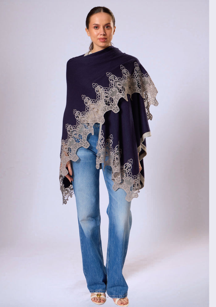 Navy Blue Wool Cape  Lt. Gray Lace