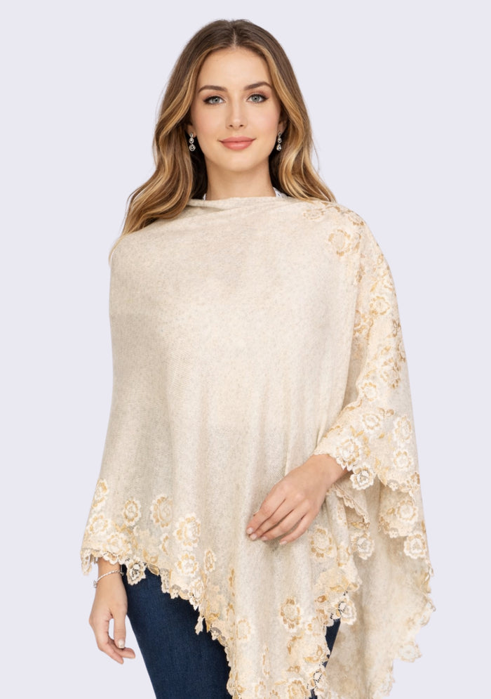 Petite Oatmeal Melange Wool Poncho Ivory-Gold Lace