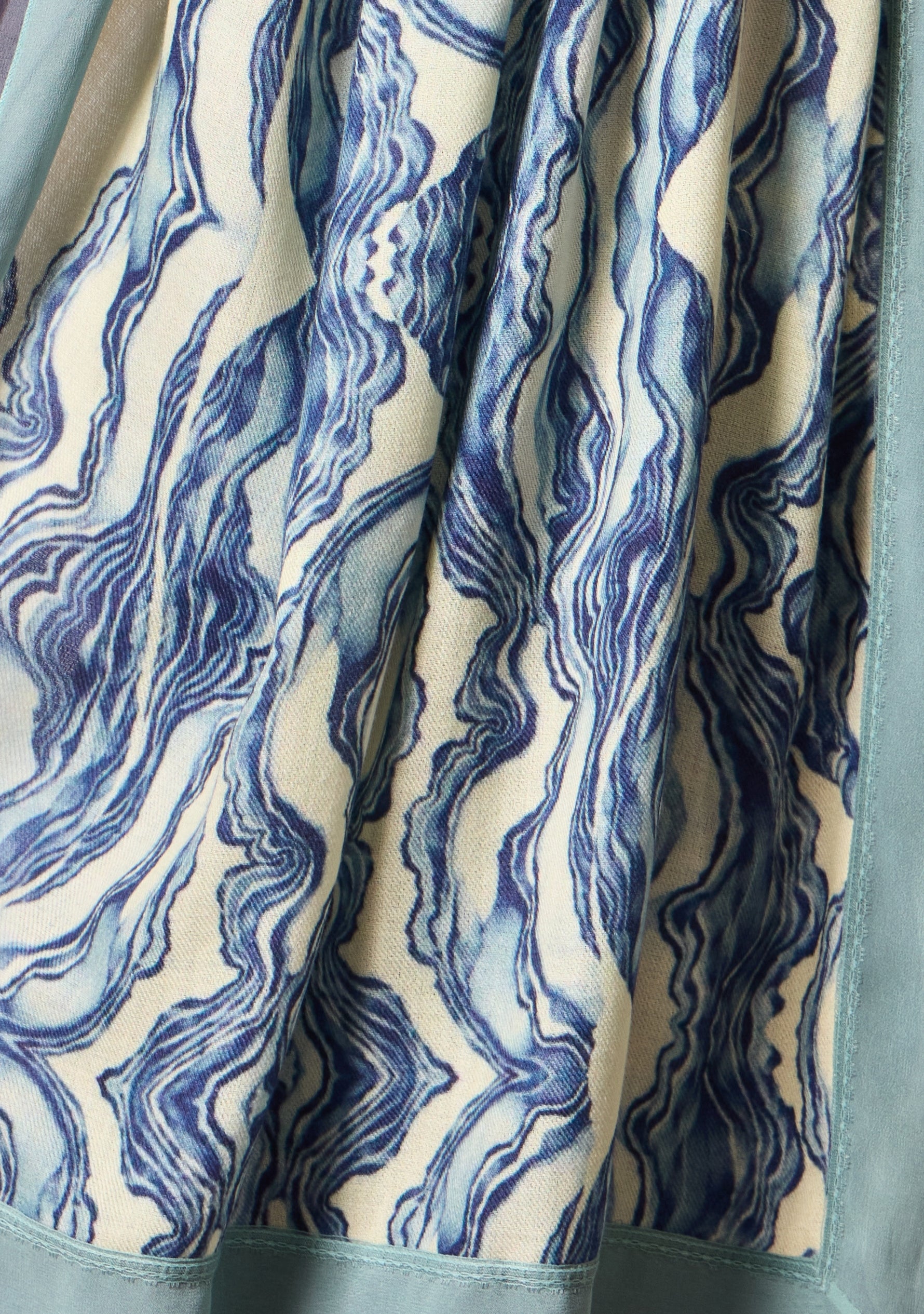 Blue Abstract Print Wool & Silk Scarf Navy Blue & Sea Green Double Georgette and Filigree Lace Border