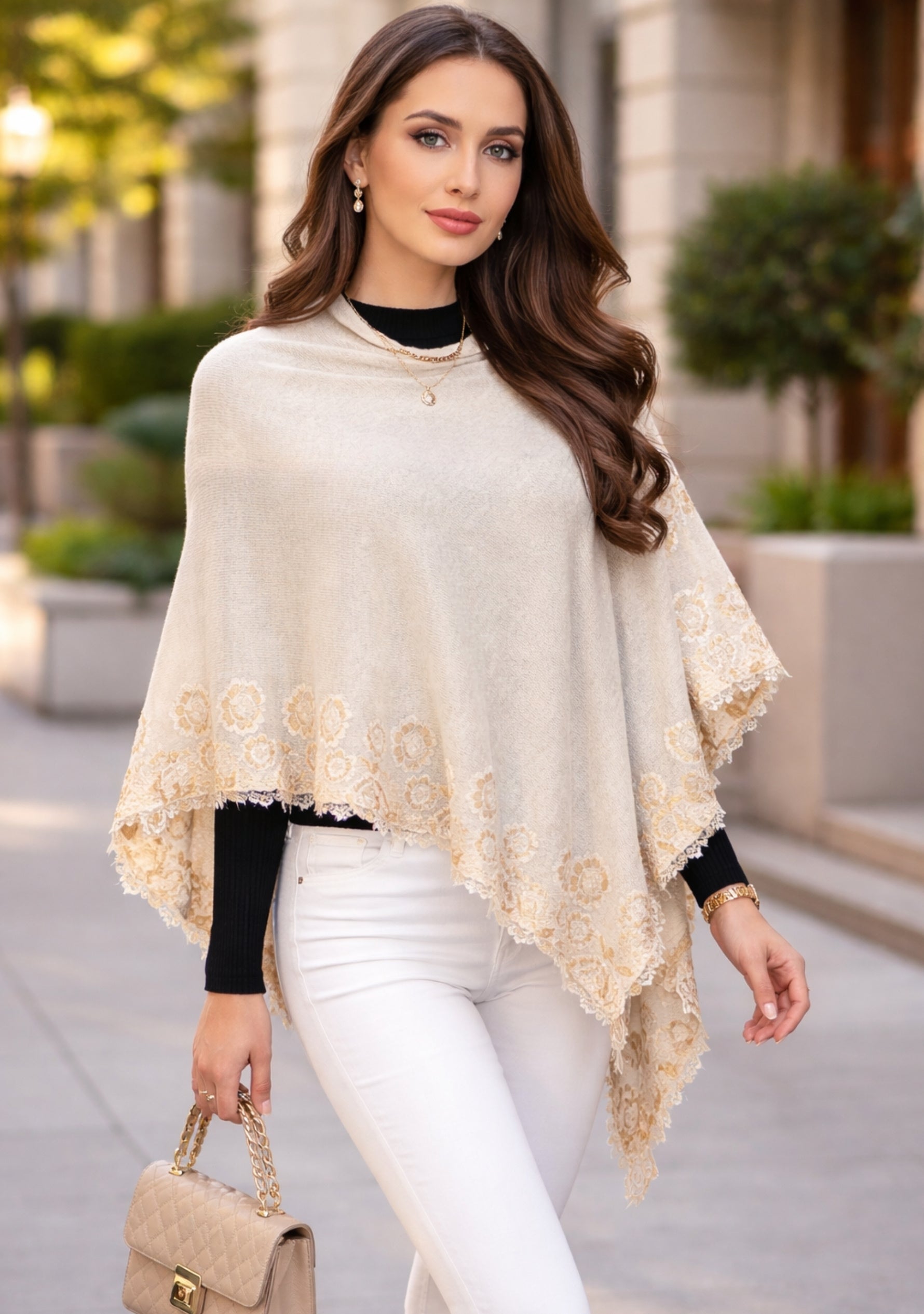 Petite Oatmeal Melange Wool Poncho Ivory-Gold Lace
