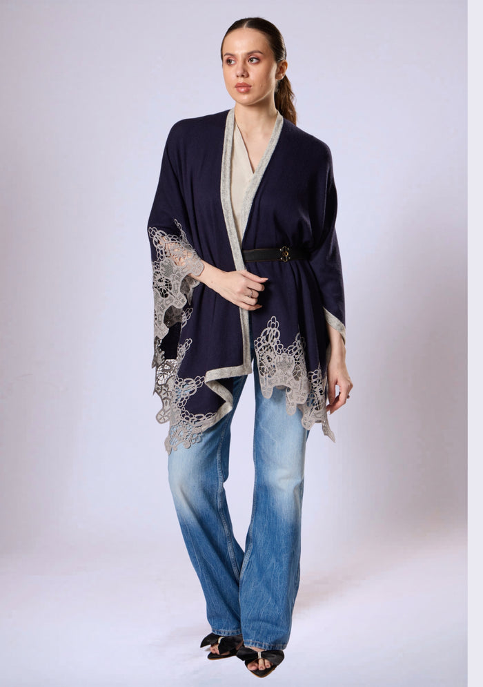Navy Blue Wool Cape  Lt. Gray Lace