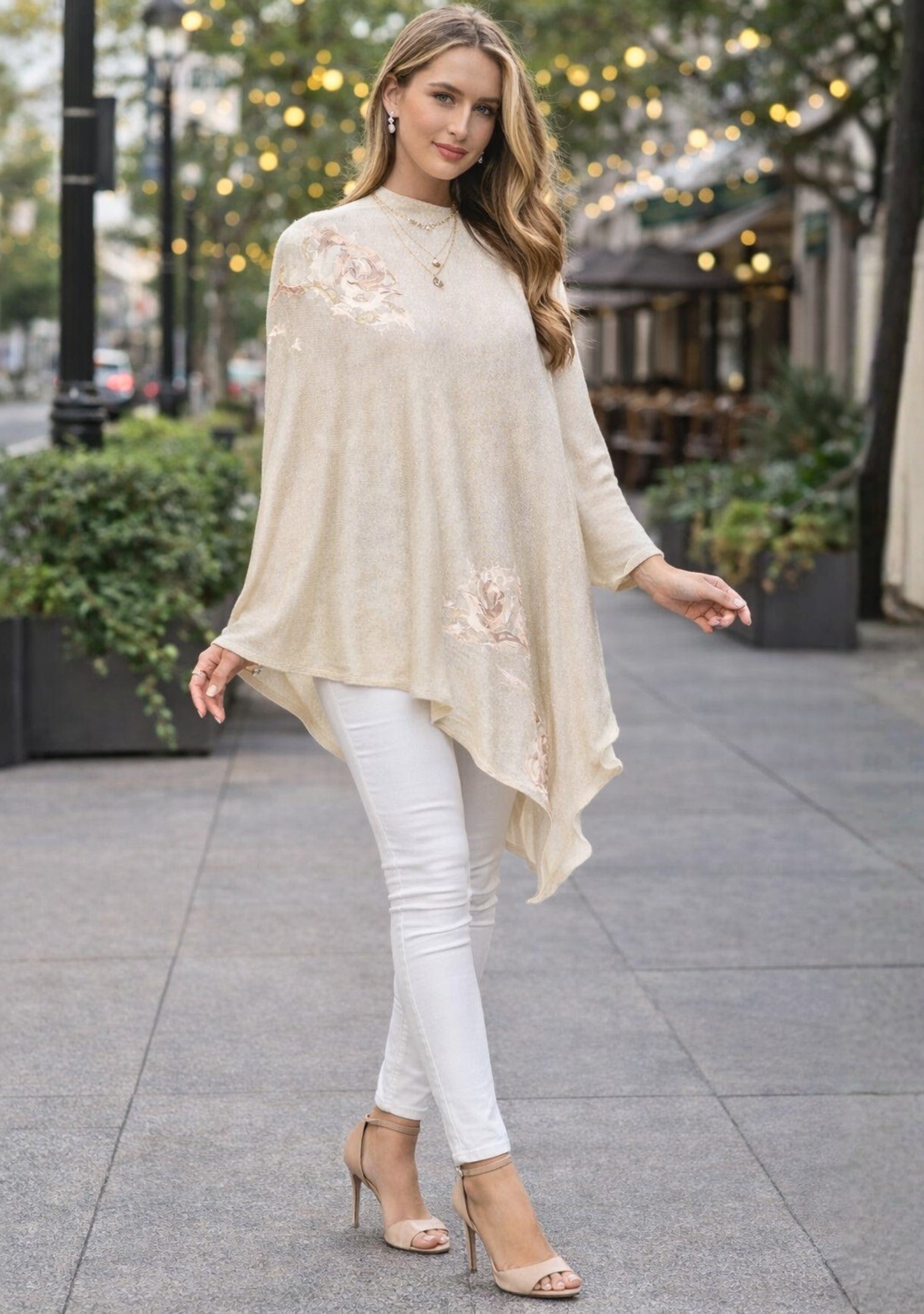 Oatmeal Melange Wool PonchoLt. Gold Applique