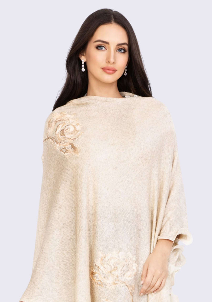 Oatmeal Melange Wool PonchoLt. Gold Applique