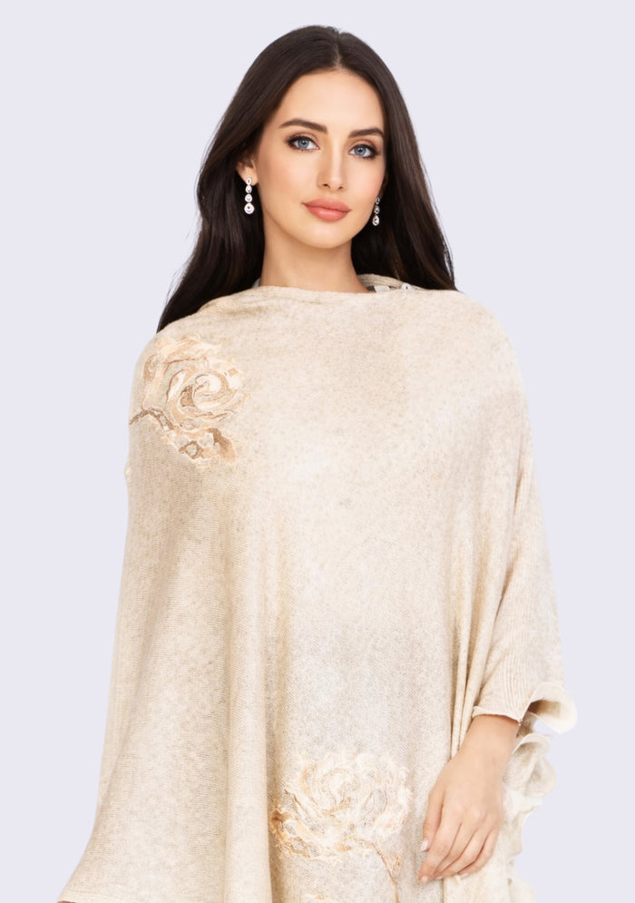 Oatmeal Melange Wool PonchoLt. Gold Applique