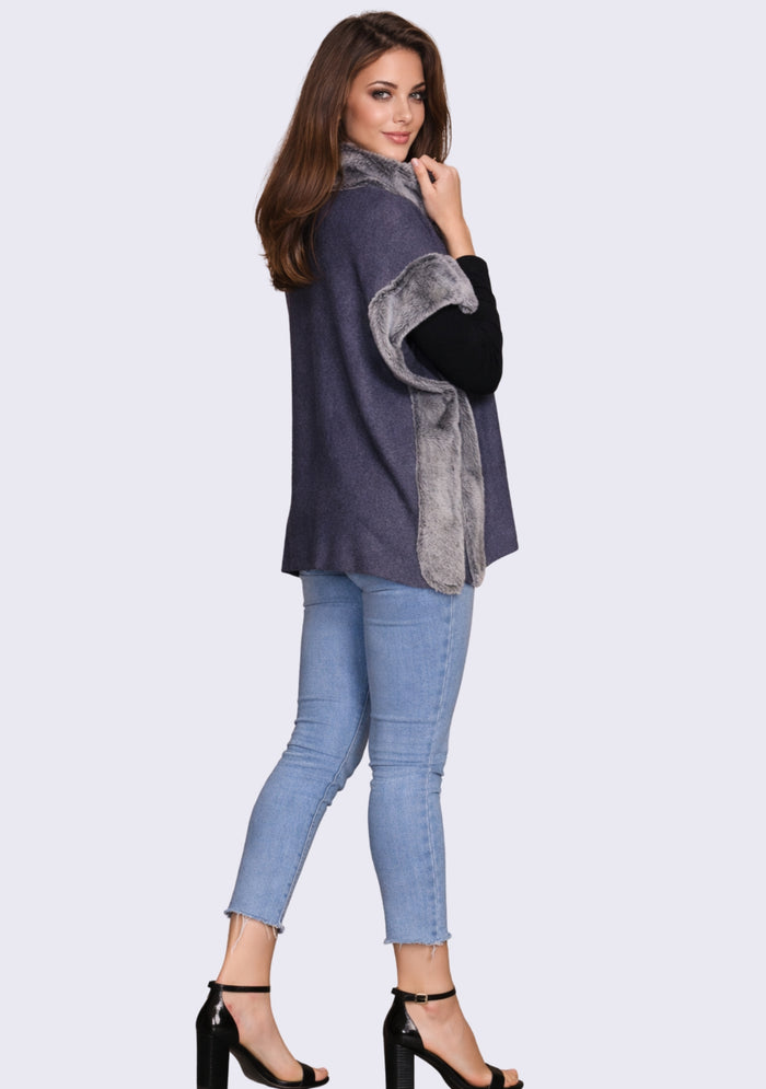 Denim Blue Melange Wool Poncho Gray Faux Fur