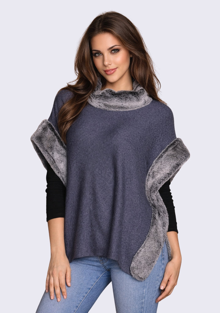 Denim Blue Melange Wool Poncho Gray Faux Fur