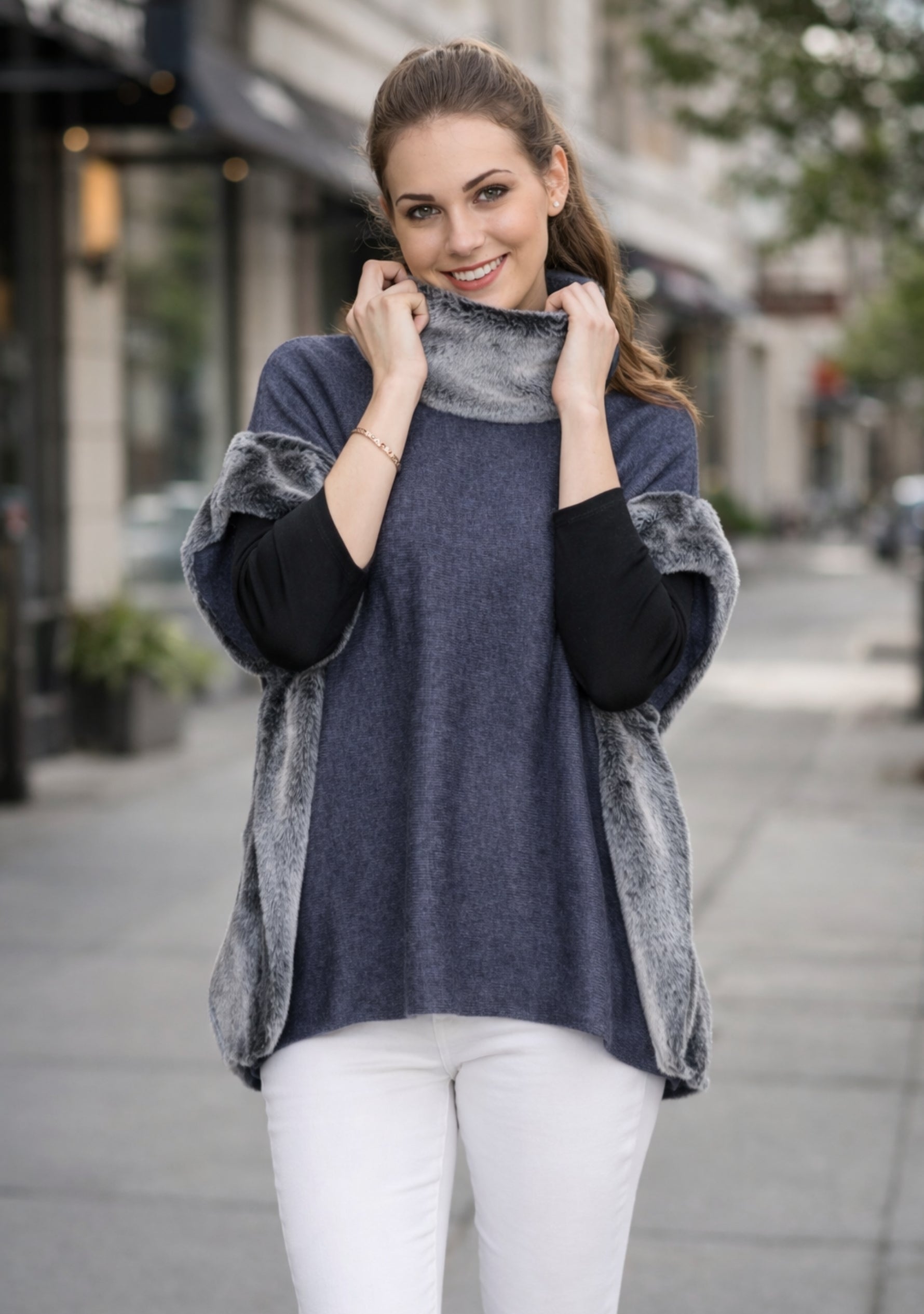 Denim Blue Melange Wool Poncho Gray Faux Fur