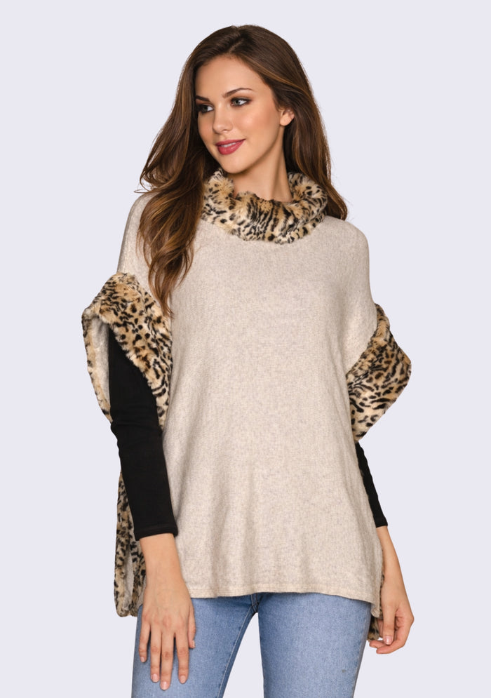 Oatmeal Melange Wool Poncho Tiger Faux Fur