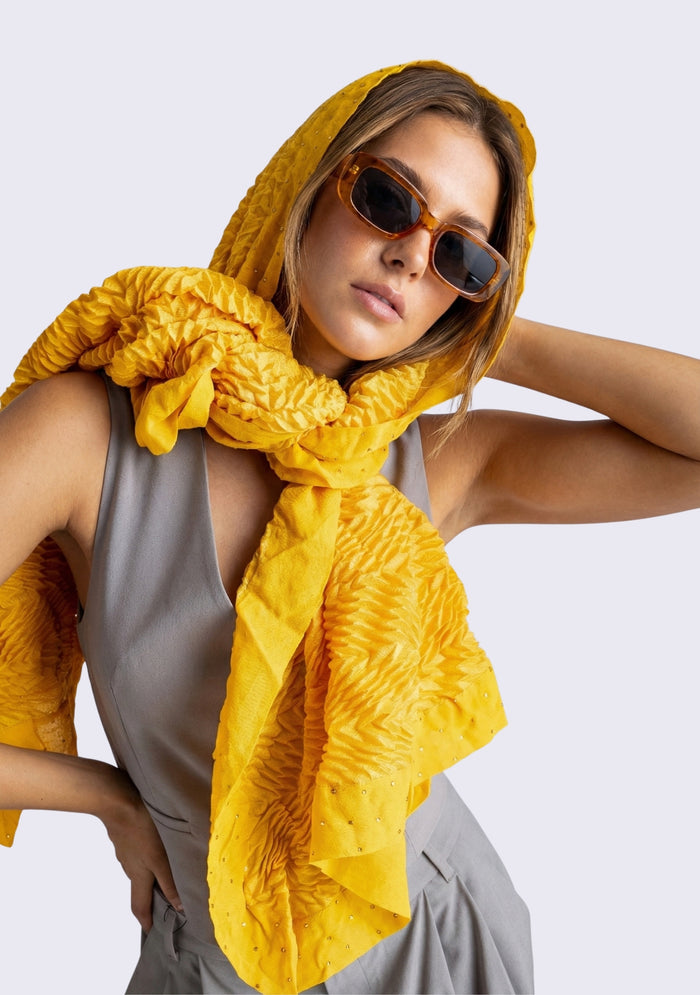 Butterscotch Pleated Wool & Silk Scarf Crystal Border