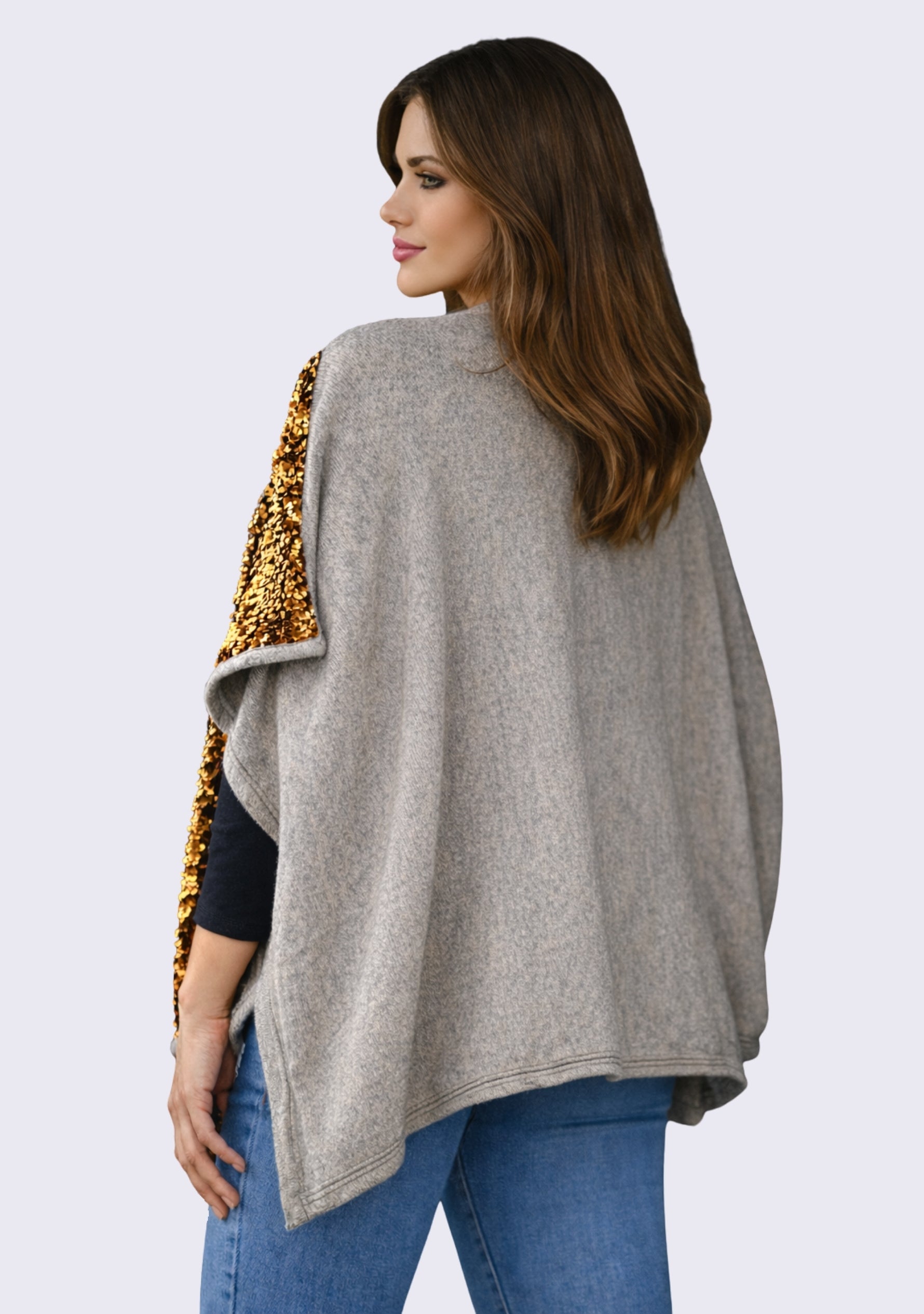 Copper Gold Sequin & Taupe Melange Wool Cape
