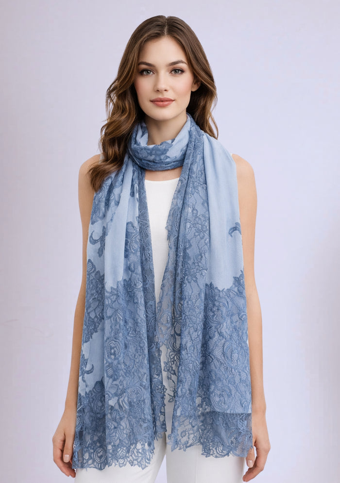 Powder Blue Modal Scarf Steel Blue Lace