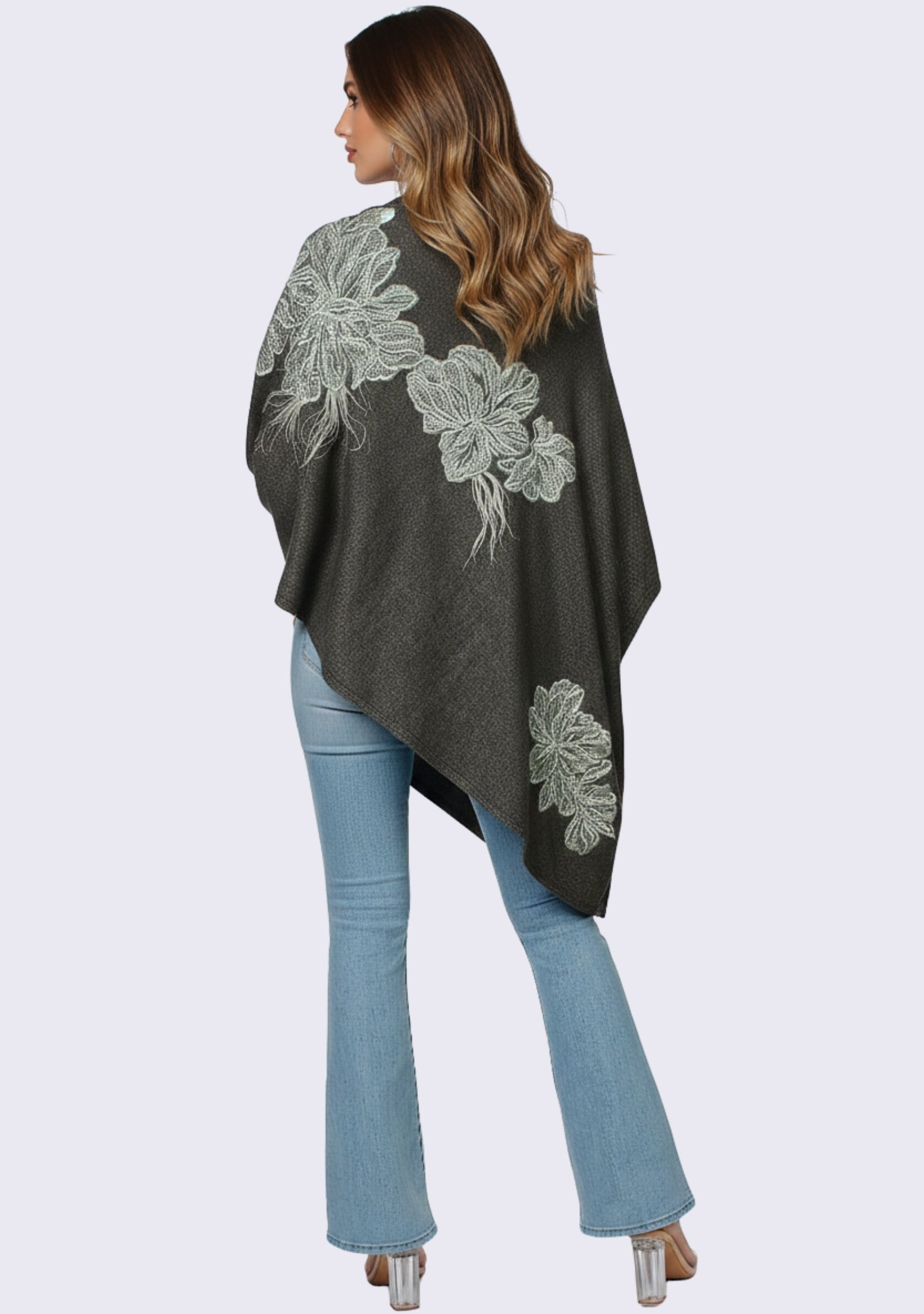 Charcoal Melange Wool Poncho Lt. Gray Embroidery & Feather Applique